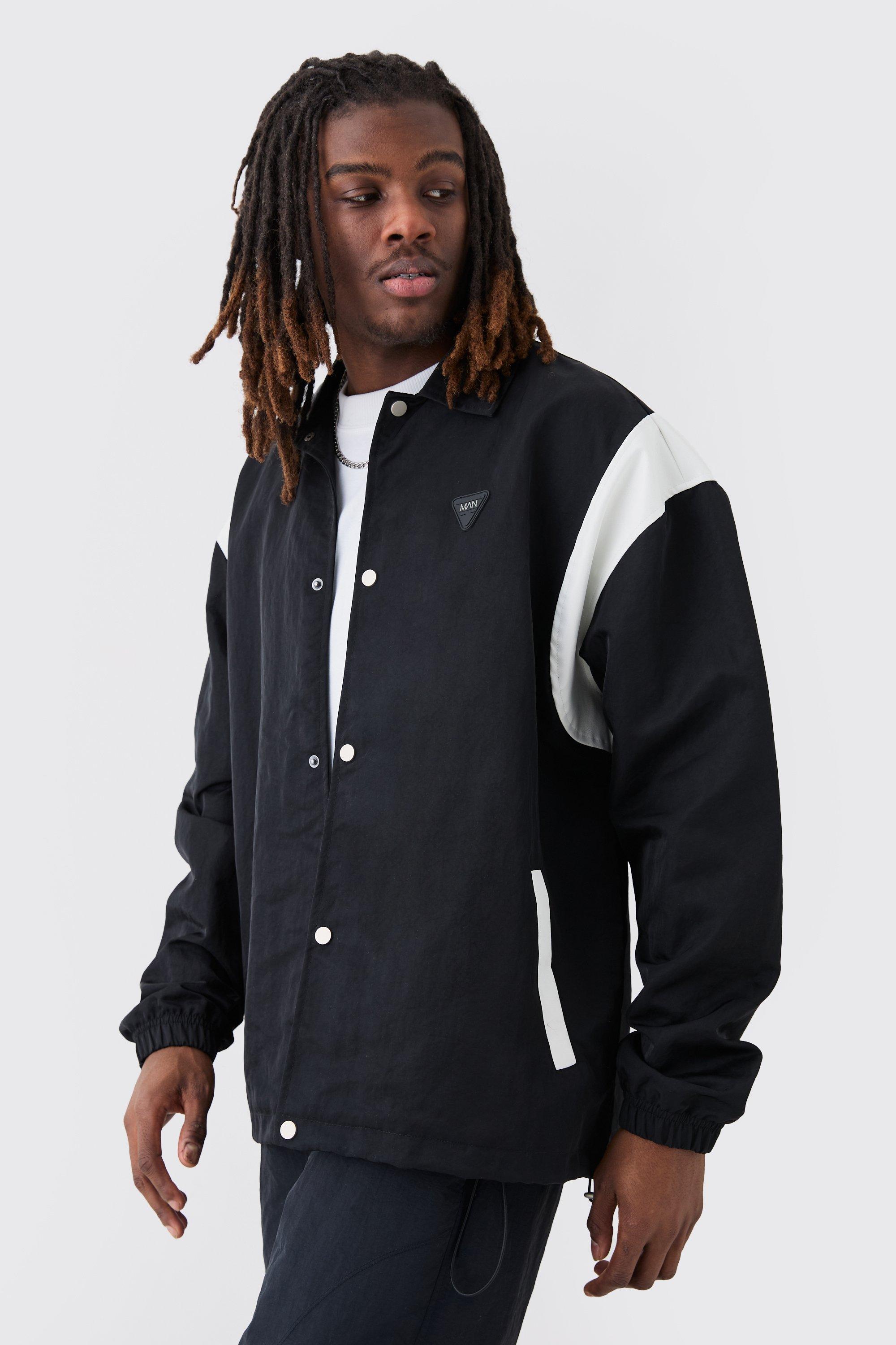 Mens Black Oversized Pu Panel Nylon Jacket, Black