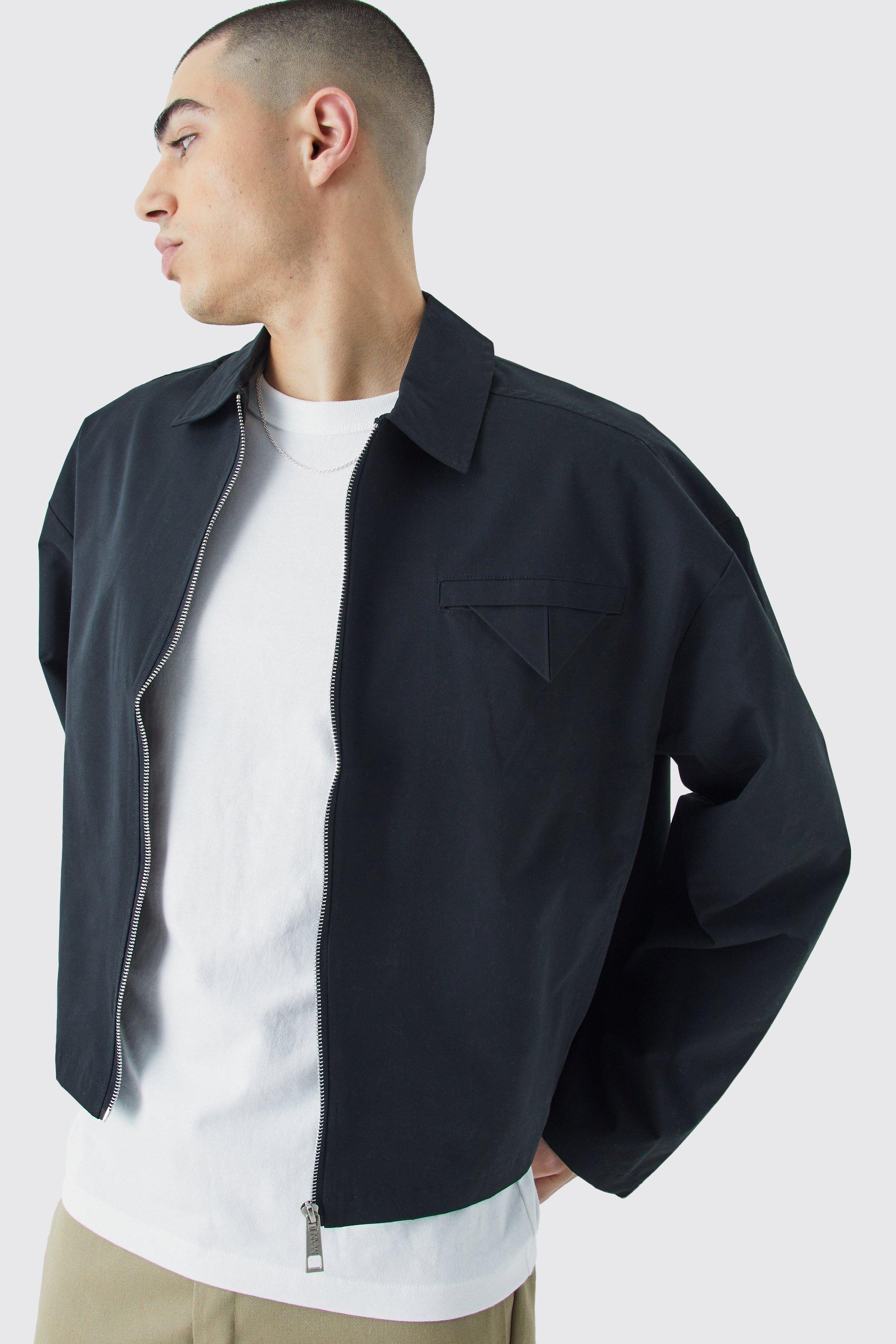Mens Black Boxy Twill Harrington Jacket, Black