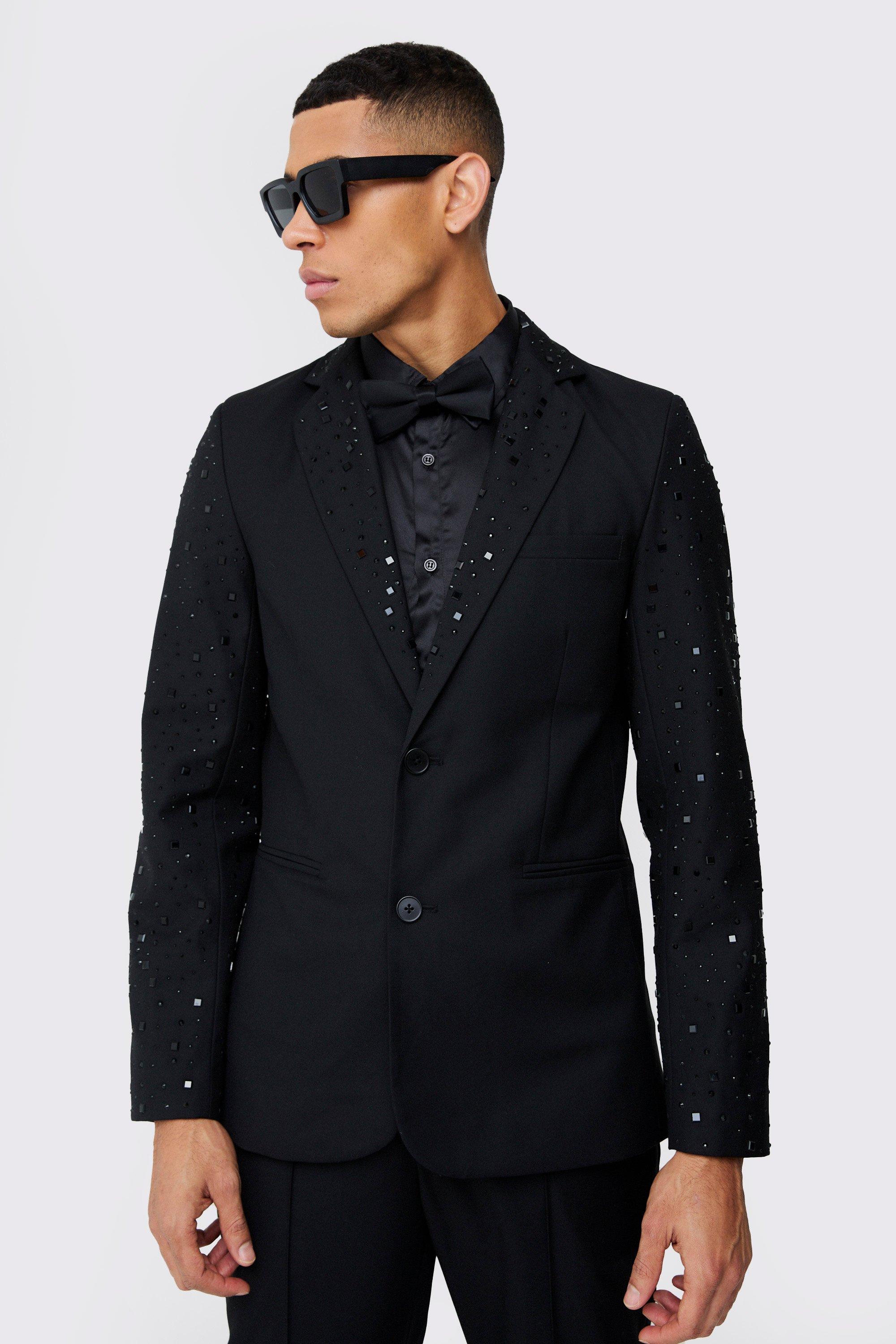 Mens Black Rhinestone Sleeve Slim Fit Blazer, Black