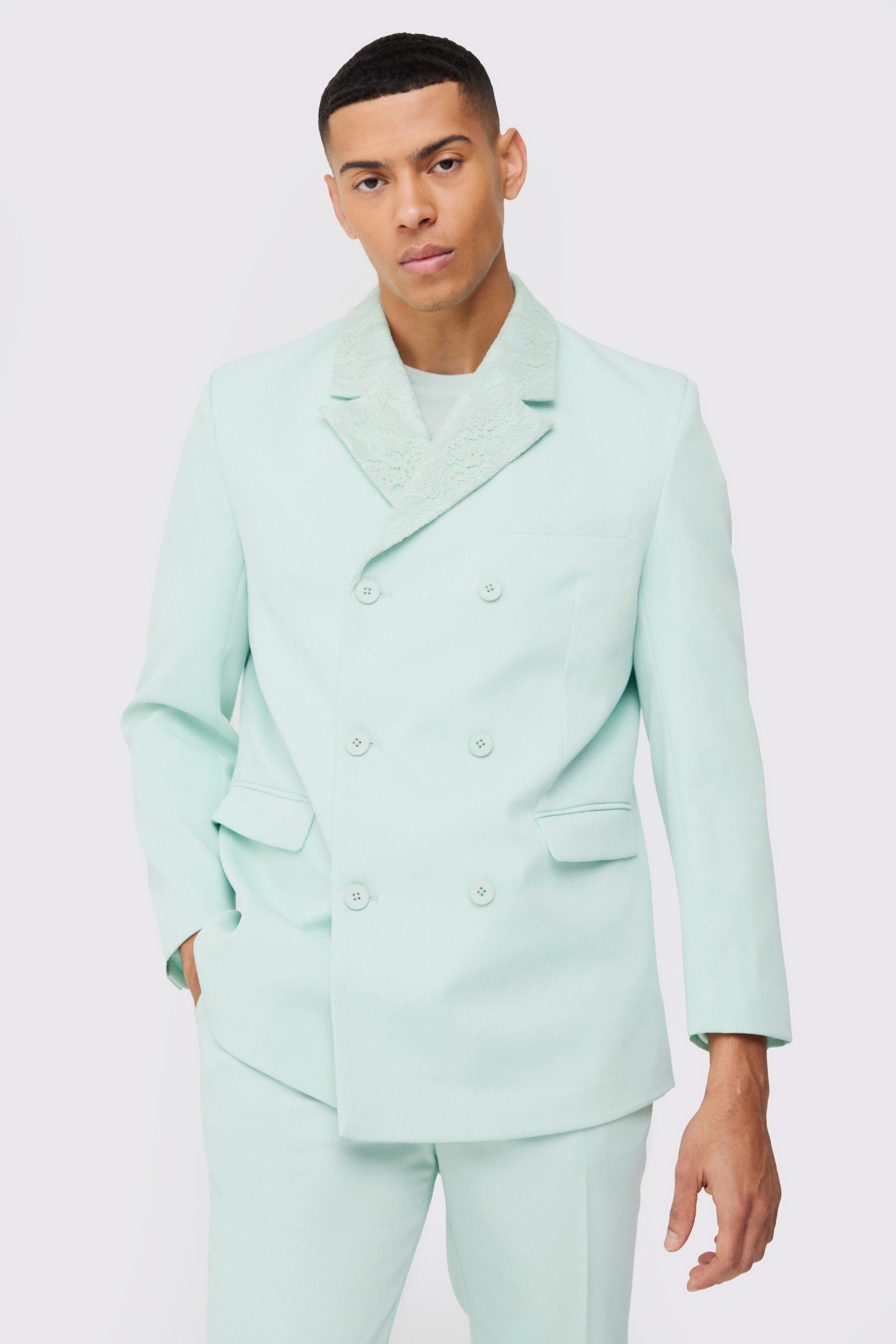 Mens Green Lace Detail Double Breasted Blazer, Green