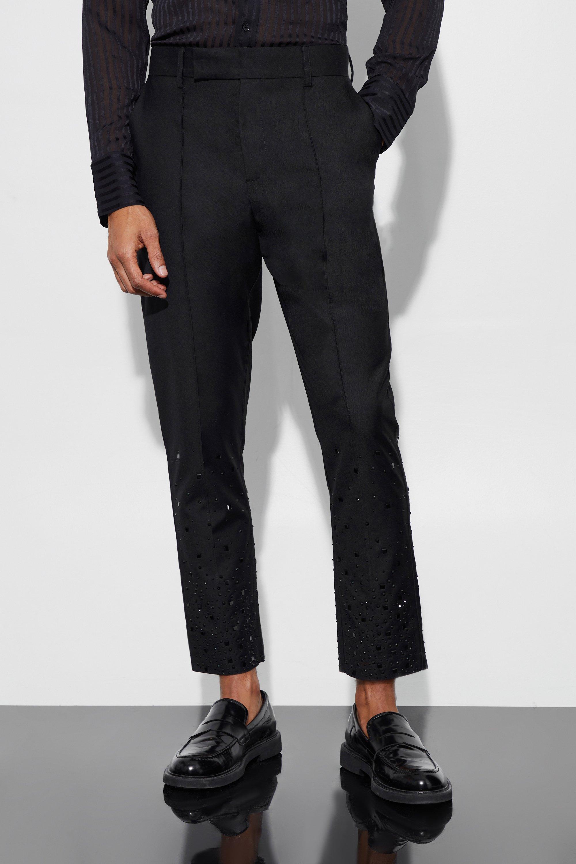 Mens Black Rhinestone Detail Tapered Suit Trousers, Black