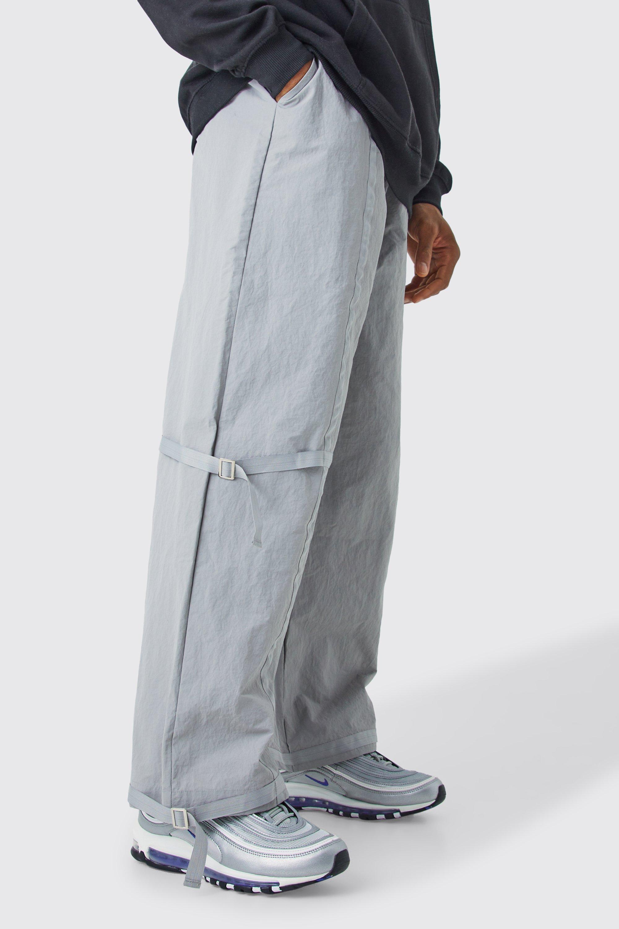 Mens Grey Tape Detail Adjustable Cuff Parachute trousers, Grey