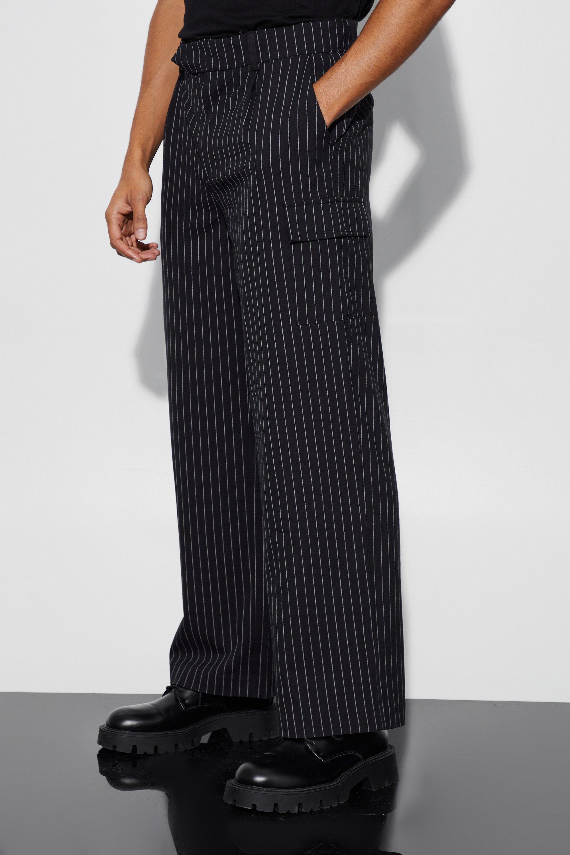 Mens Black Pinstripe Cargo Tailored Wide Leg Trousers, Black