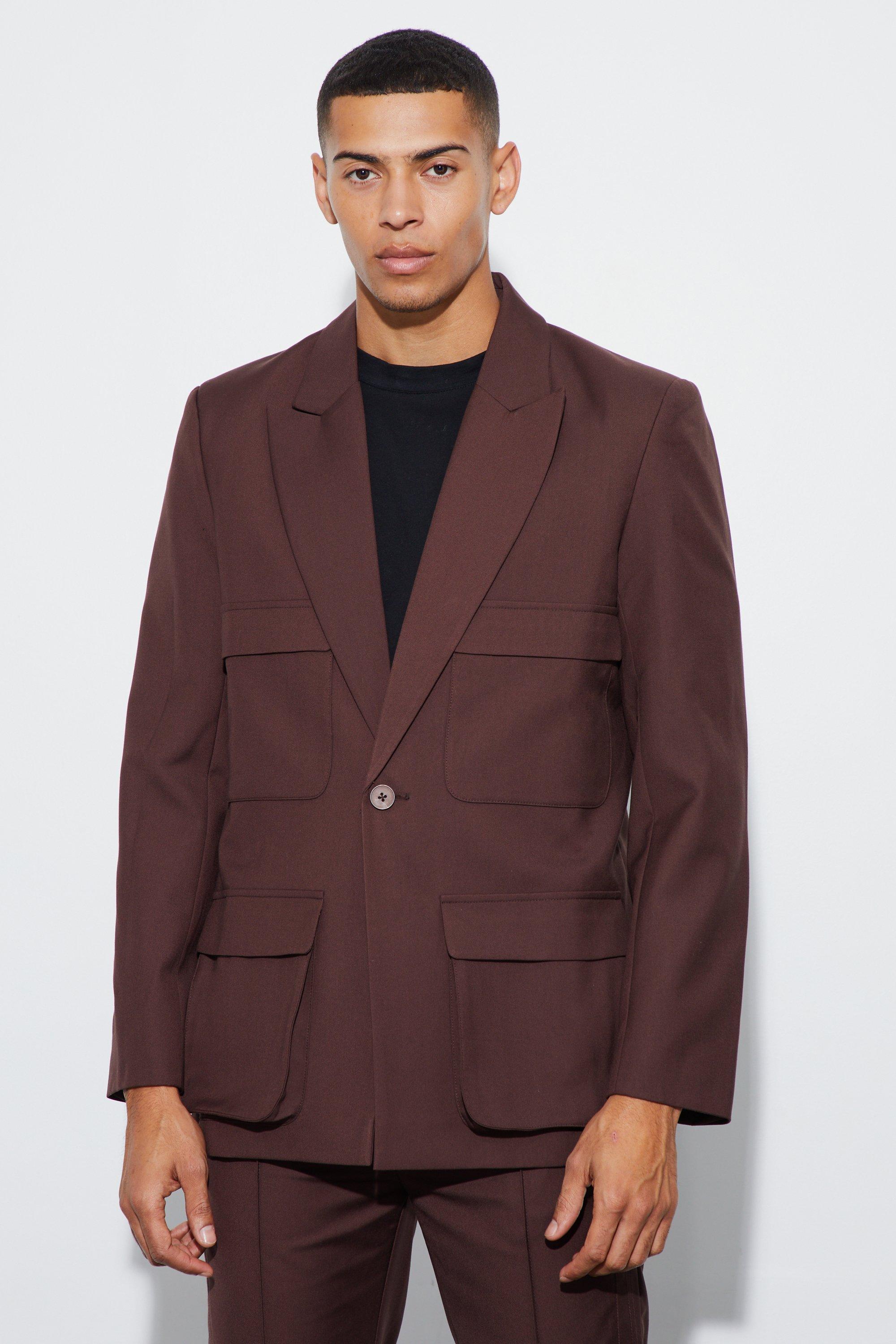Mens Brown Relaxed Fit Cargo Blazer, Brown