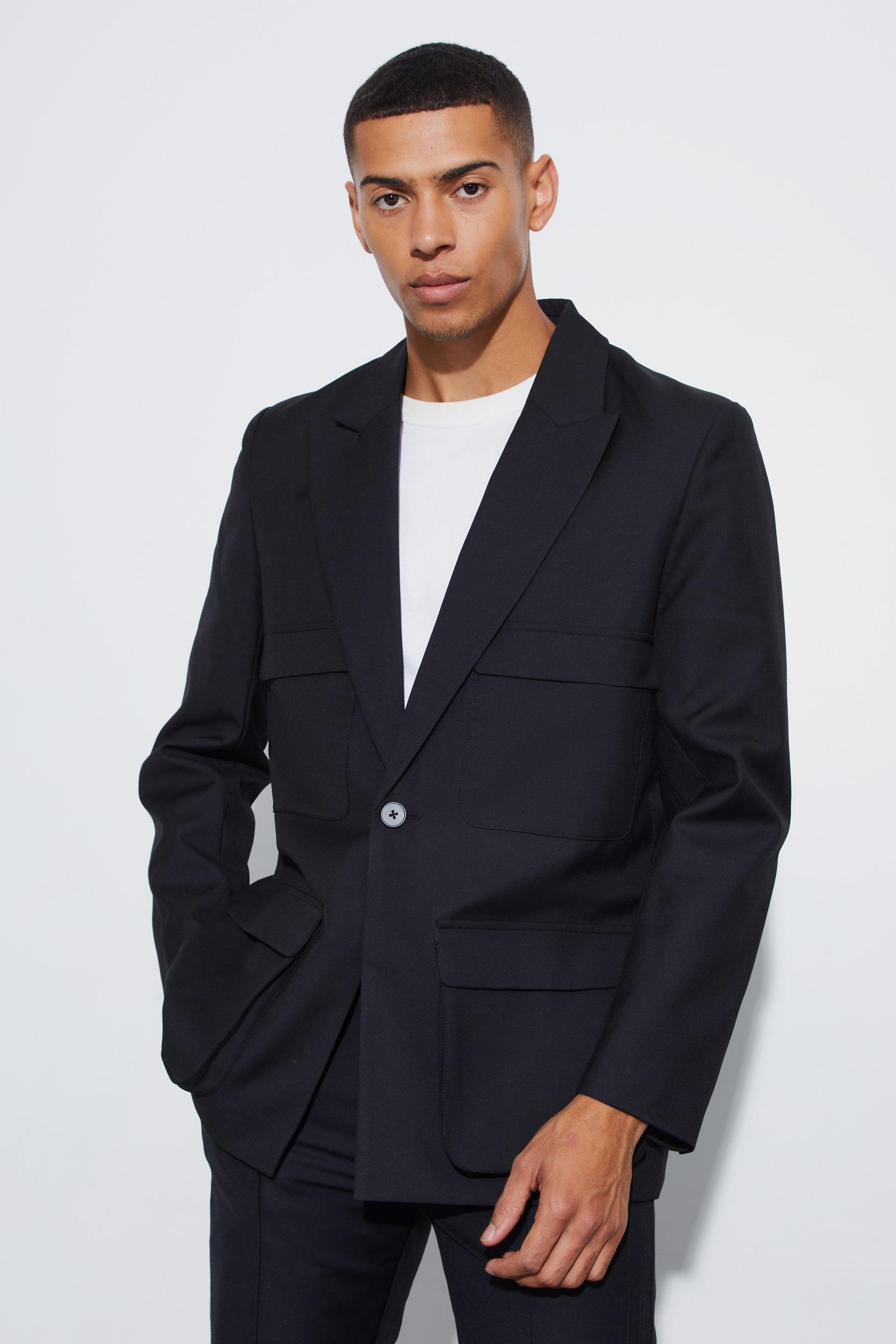 Mens Black Relaxed Fit Pocket Blazer, Black