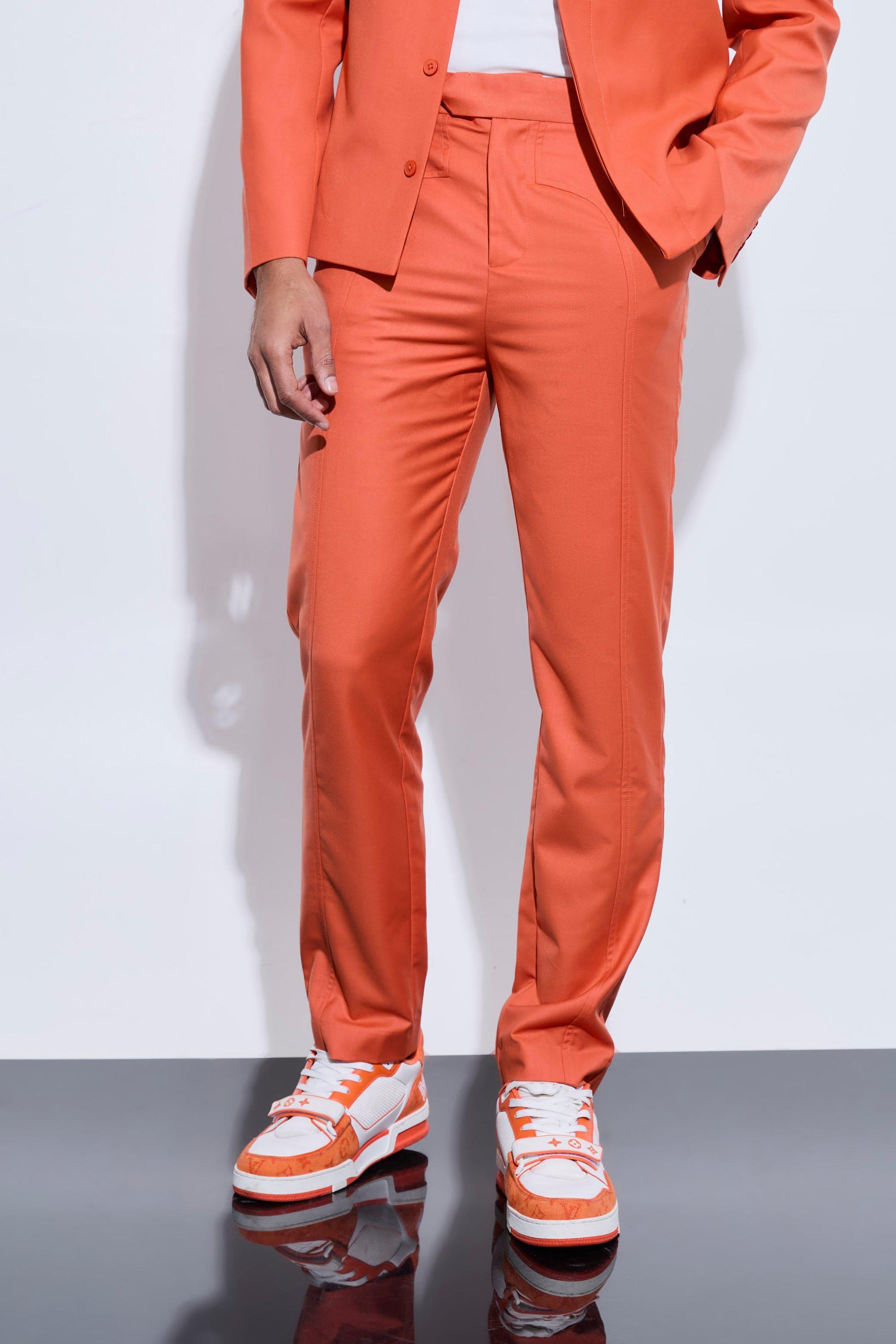 Mens Orange Tailored Overlay Detail Straight Leg Trousers, Orange