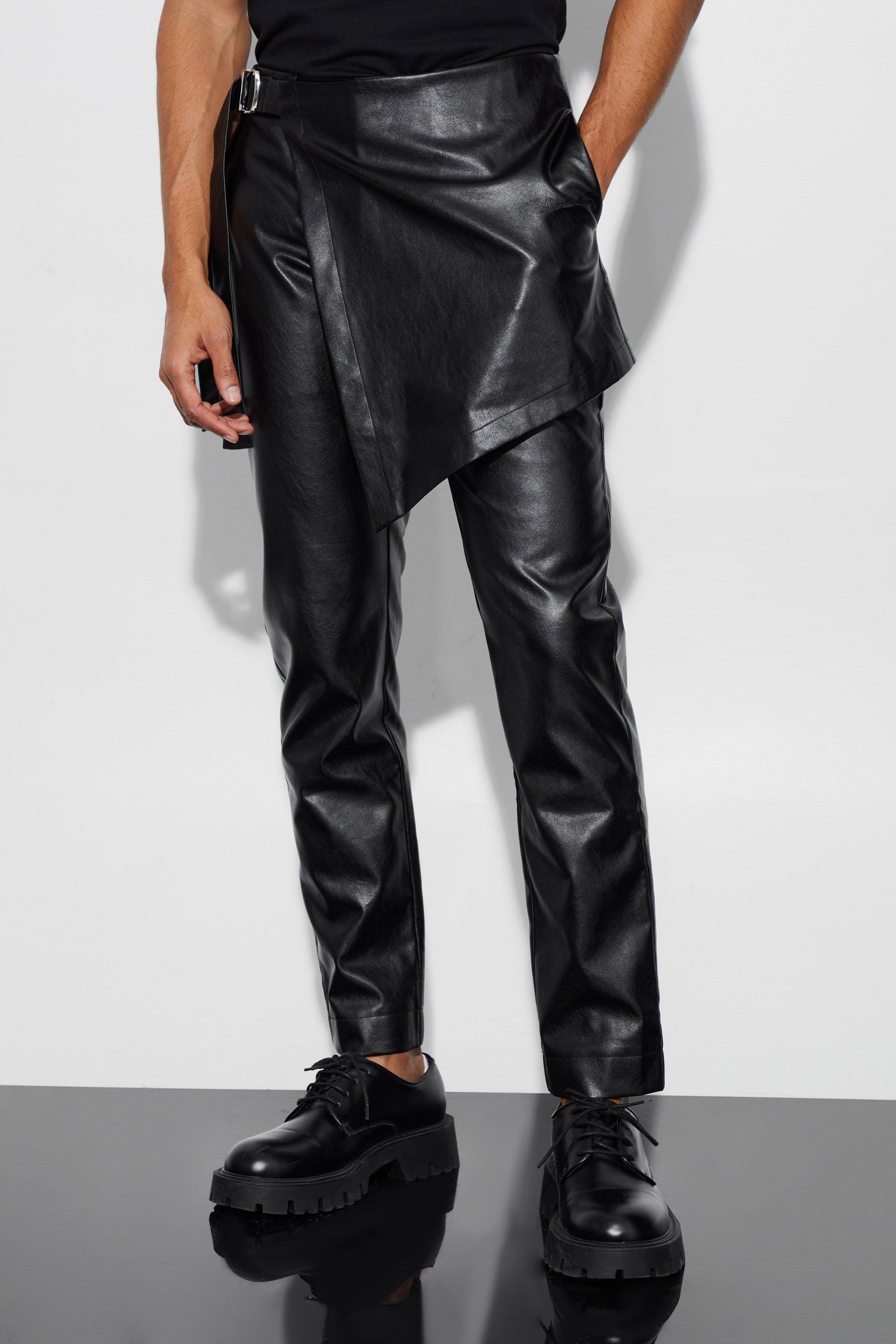 Mens Black Leather Look Skirt Tailored Trousers, Black