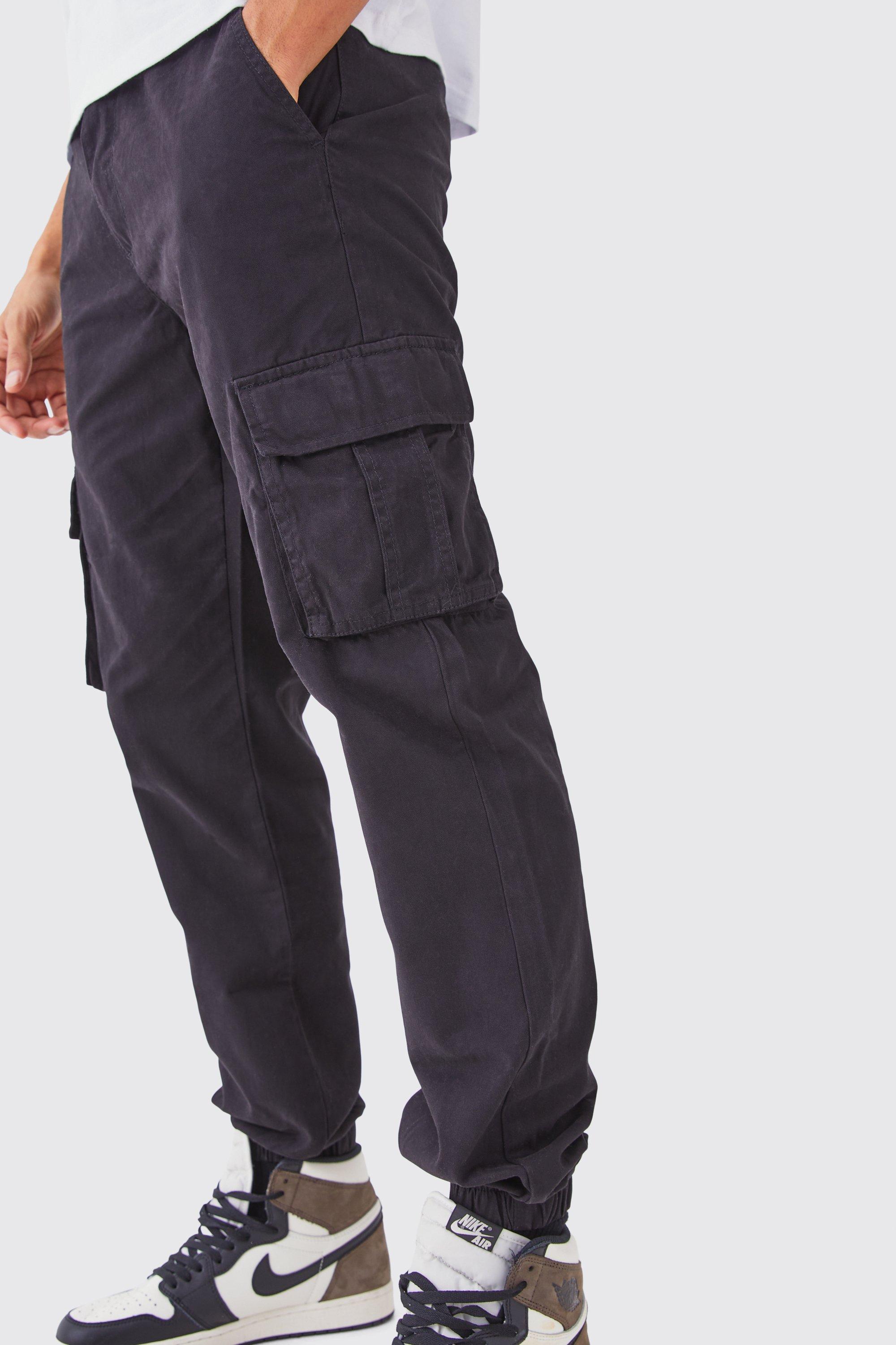 Mens Black Fixed Waist Cargo Joggers, Black