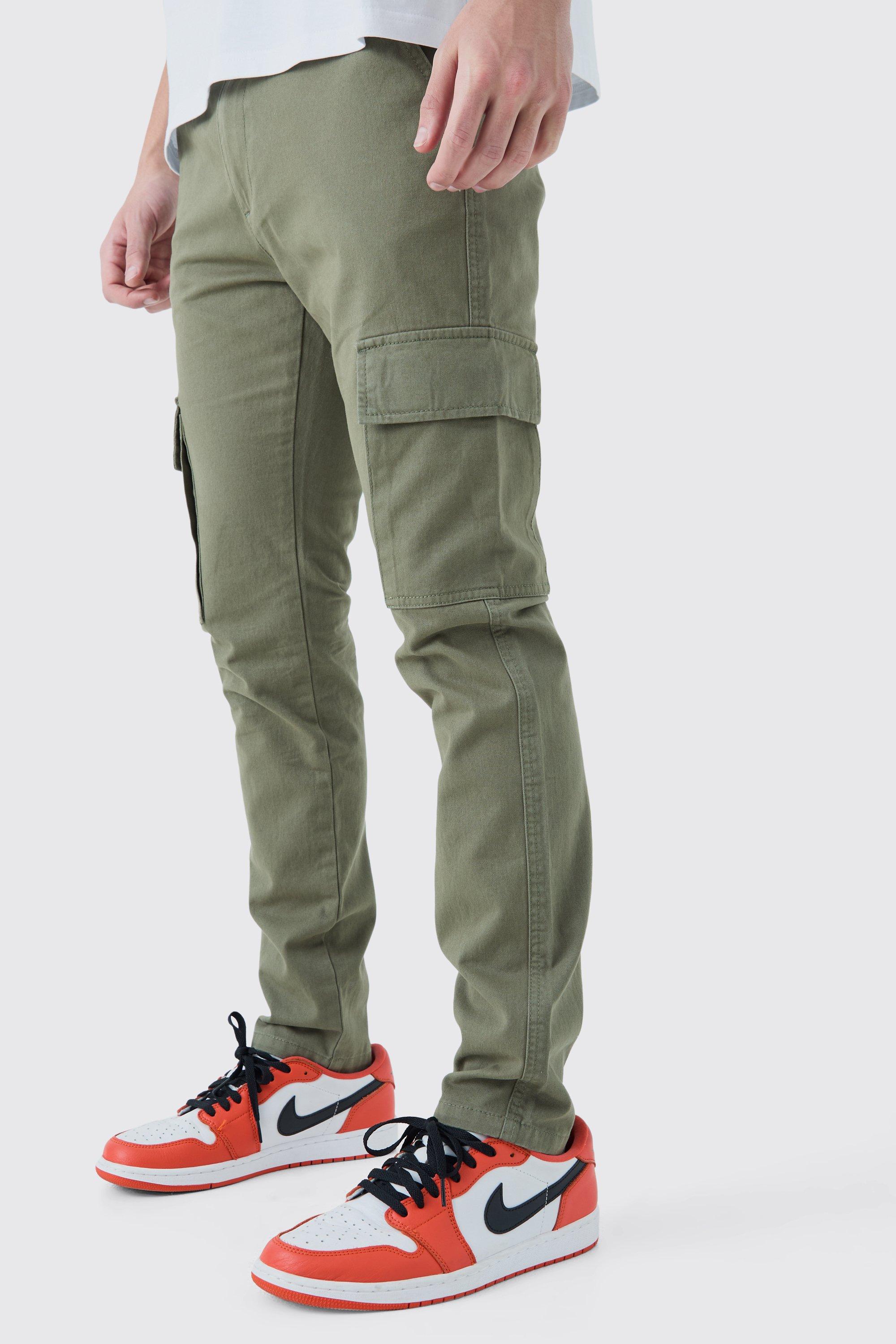 Mens Green Fixed Waist Skinny Fit Cargo trousers, Green