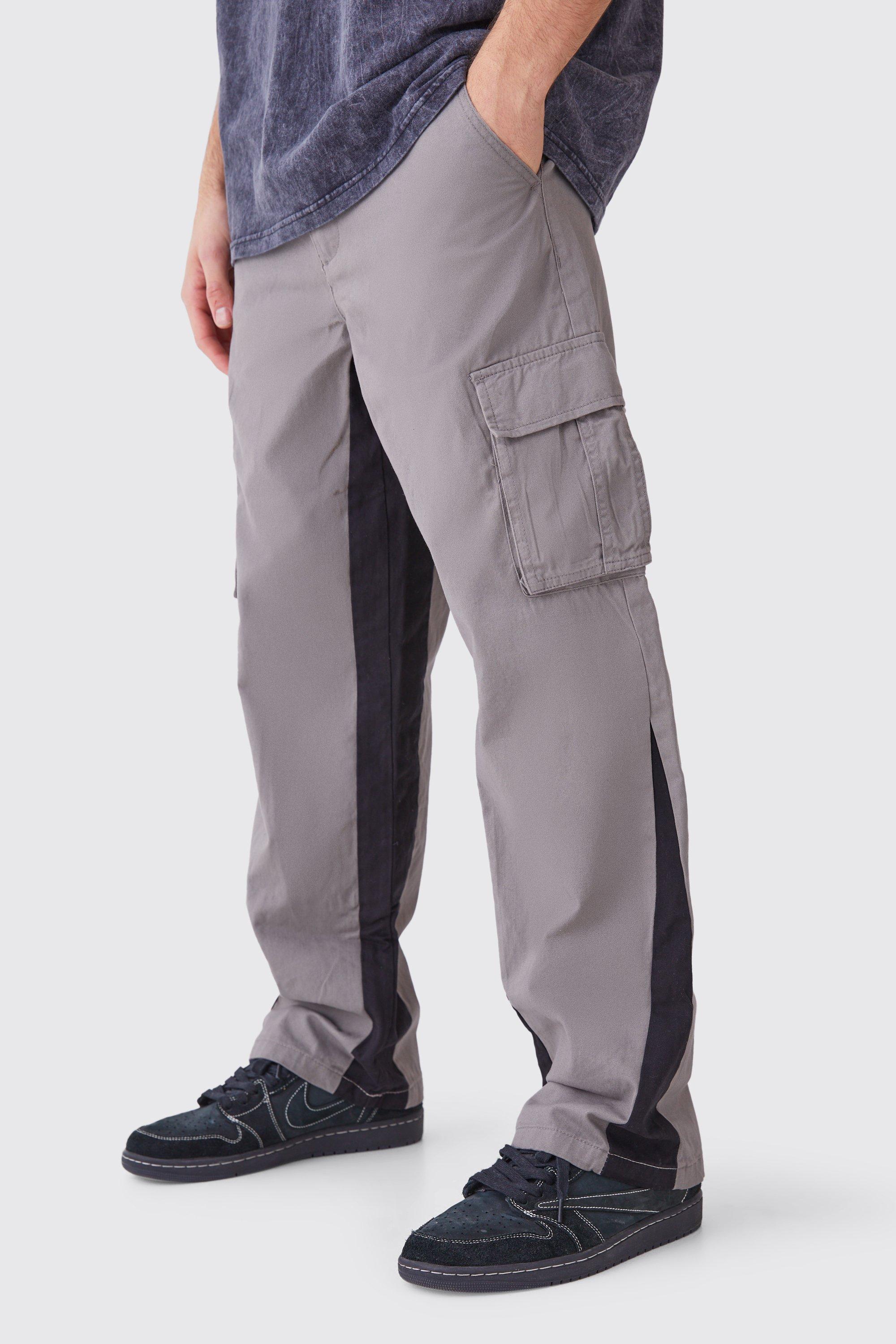 Mens Grey Fixed Waist Gusset Cargo Trousers, Grey
