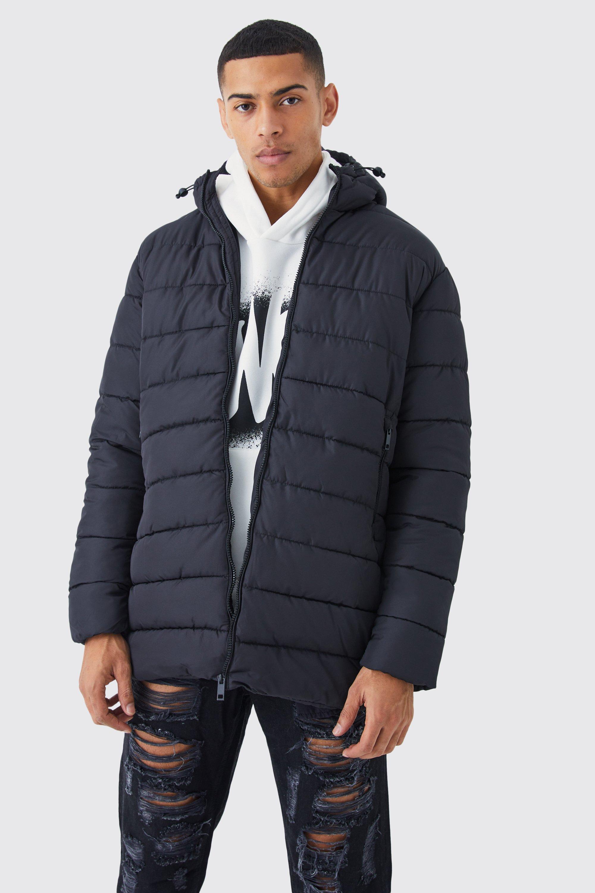 Mens Black Quilted Longline Puffer With Hood, Black