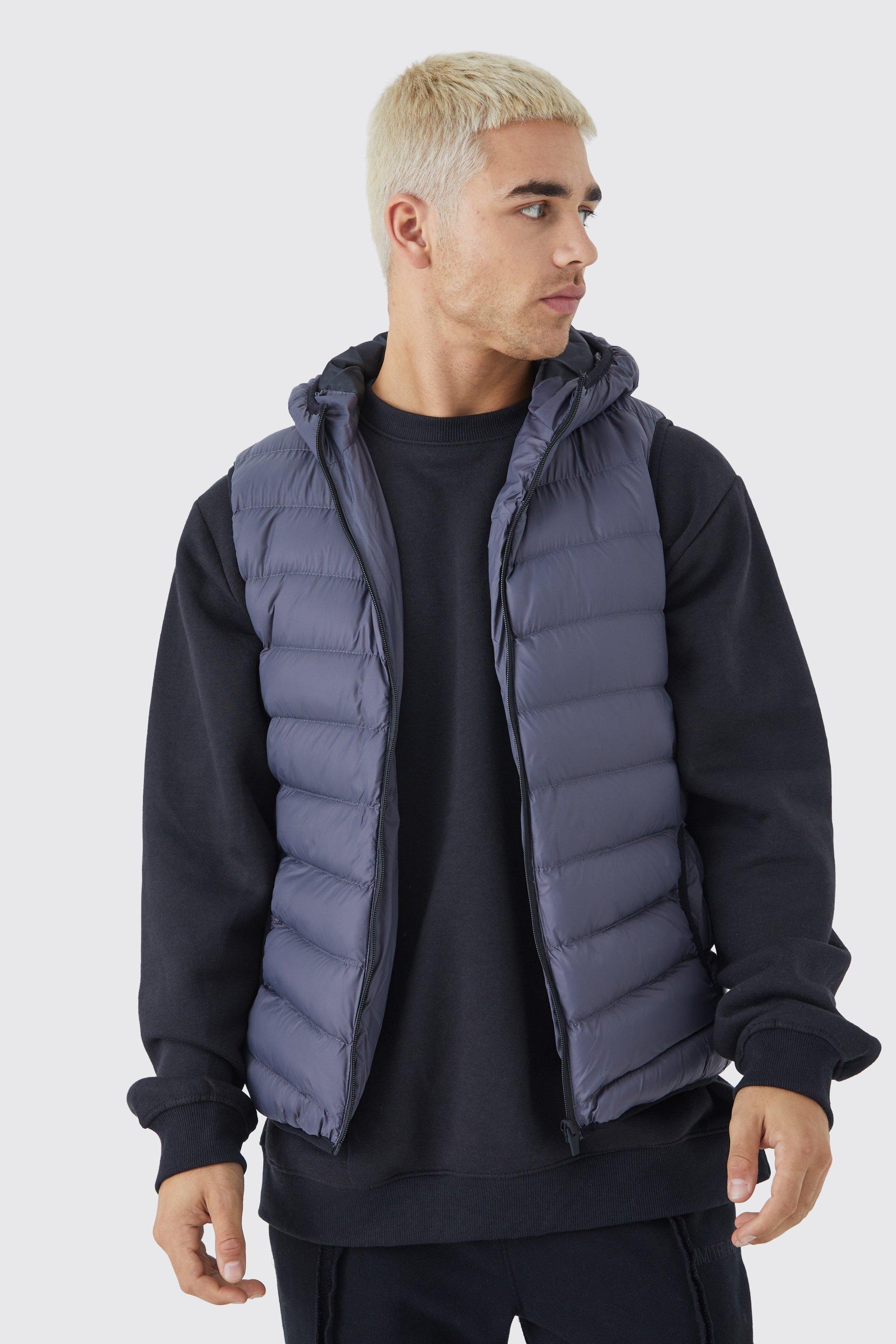 Mens Grey Quilted Gilet With Hood, Grey