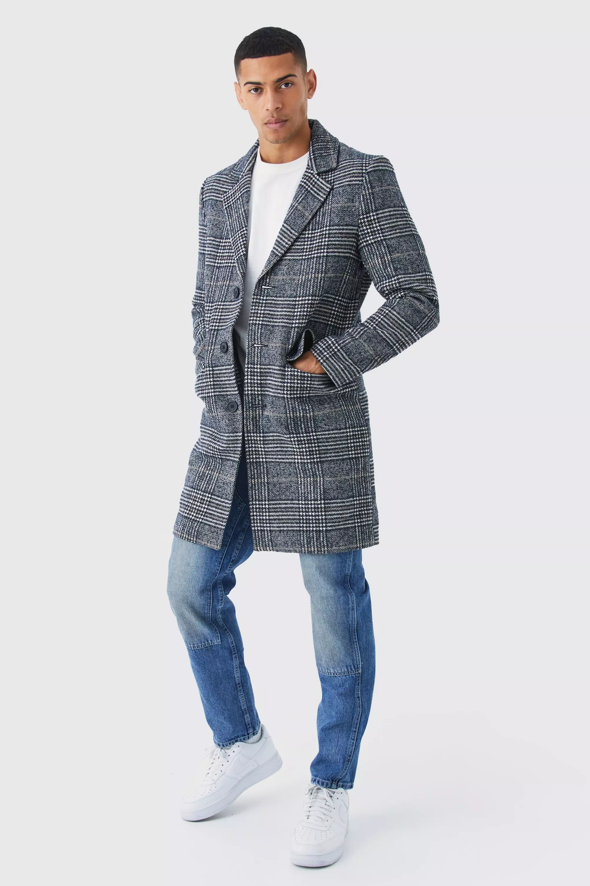 Grey check cheap overcoat mens