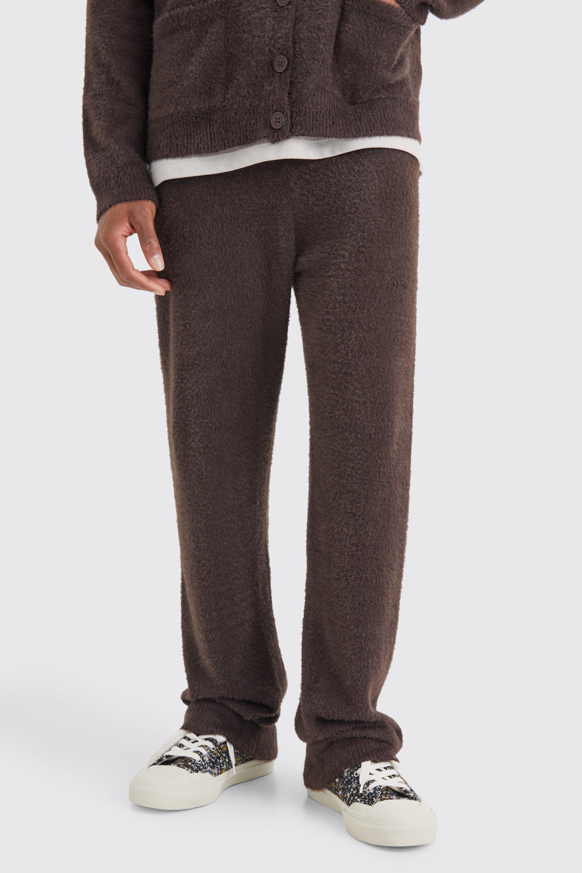 Mens Brown Relaxed Fluffy Knitted Joggers, Brown