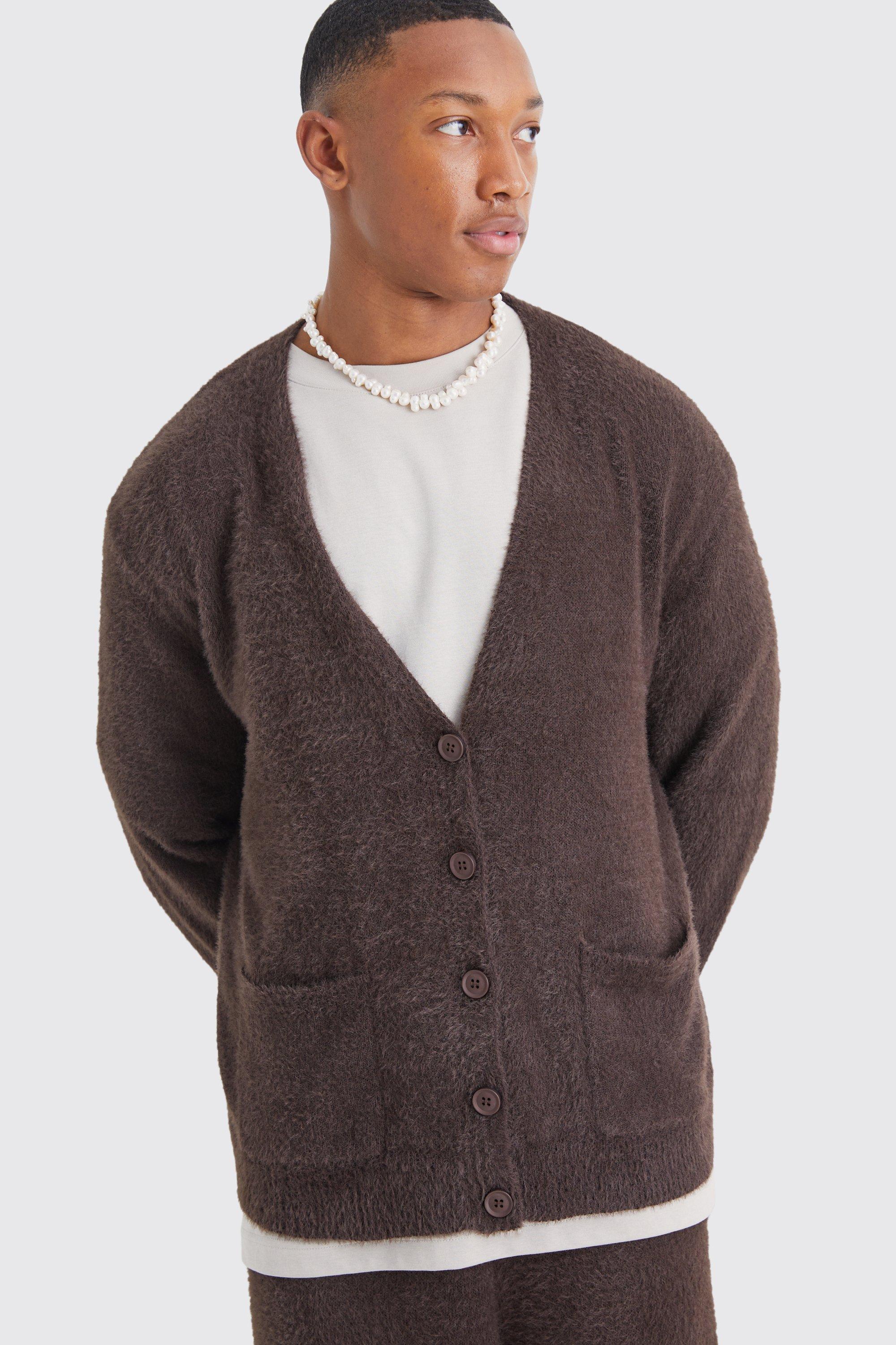 Mens Brown Boxy Fluffy Knitted Cardigan, Brown