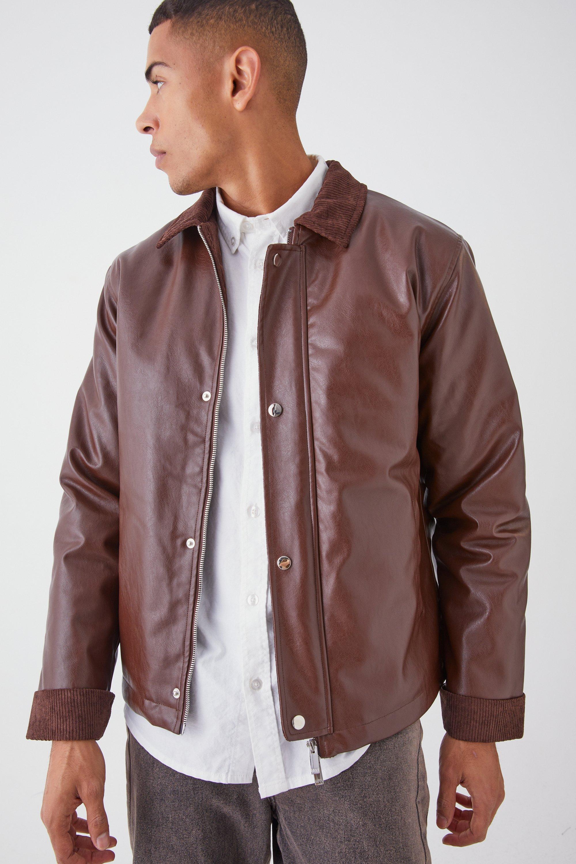 Mens Brown PU Harrington Jacket With Cord Trims, Brown