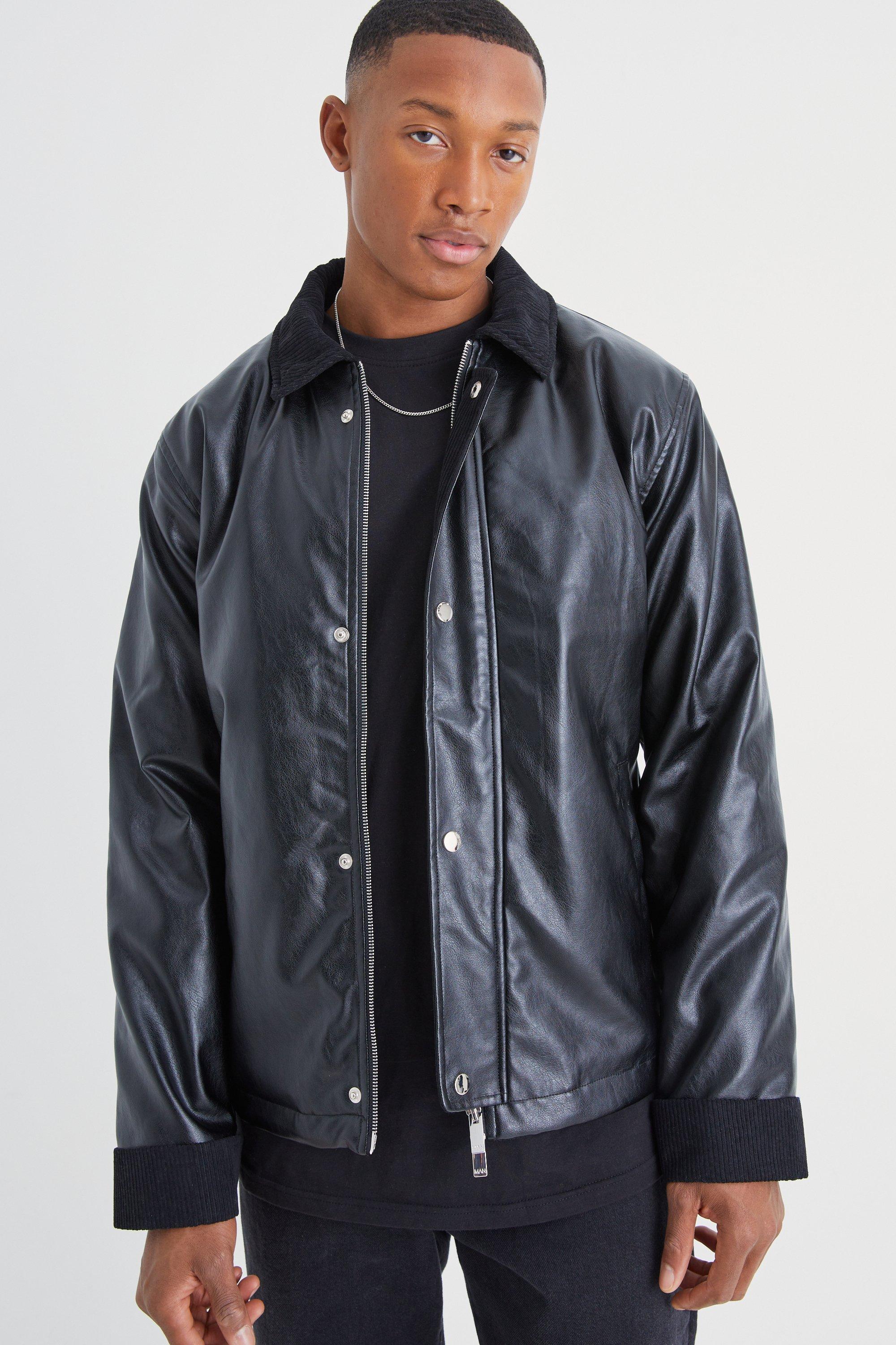 Mens Black Pu Harrington With Cord Trims, Black