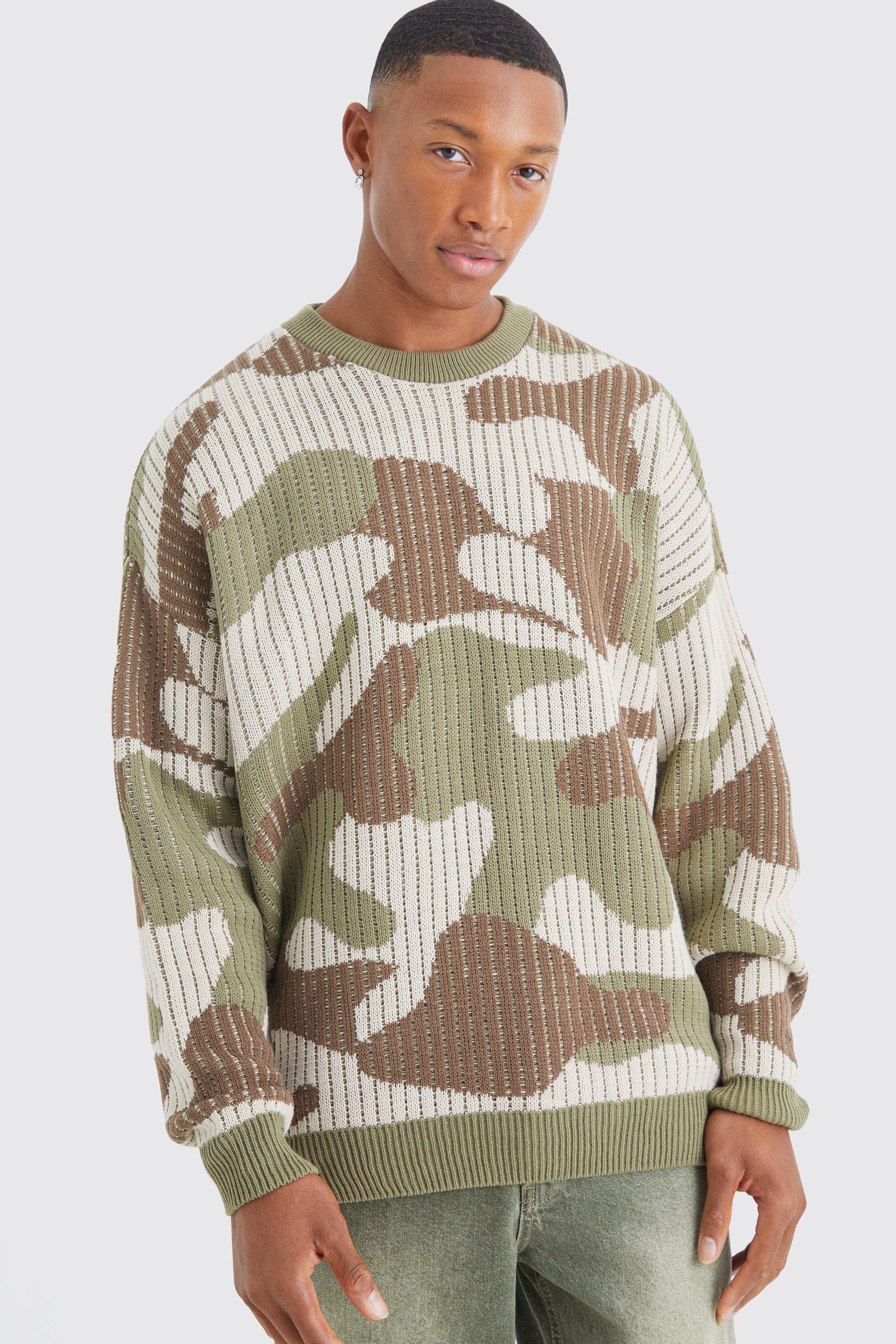 Mens Green Oversized Ribbed Camo Knited Jumper, Green