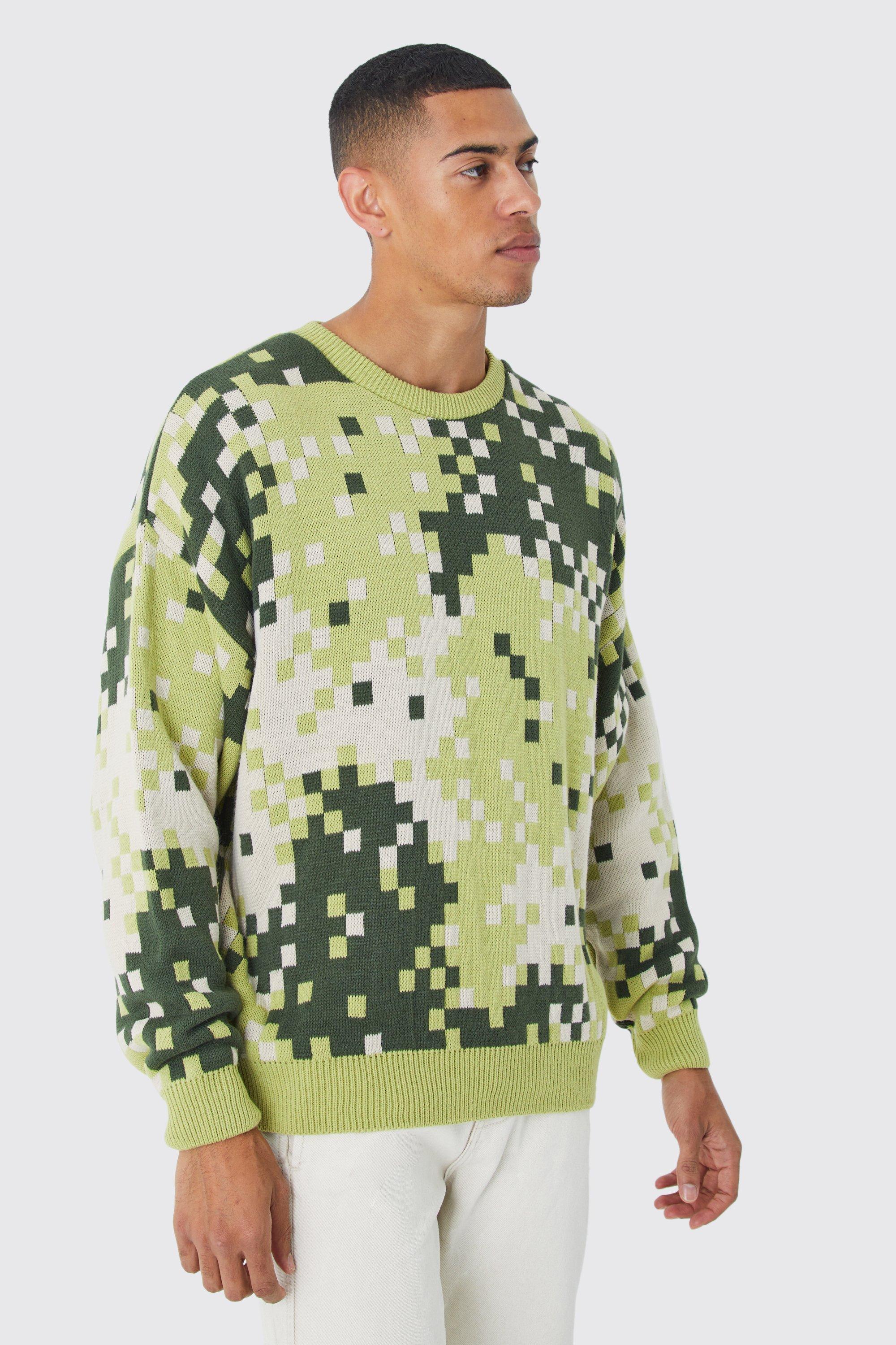 Image of Maglione oversize in maglia in fantasia militare pixelata, Verde