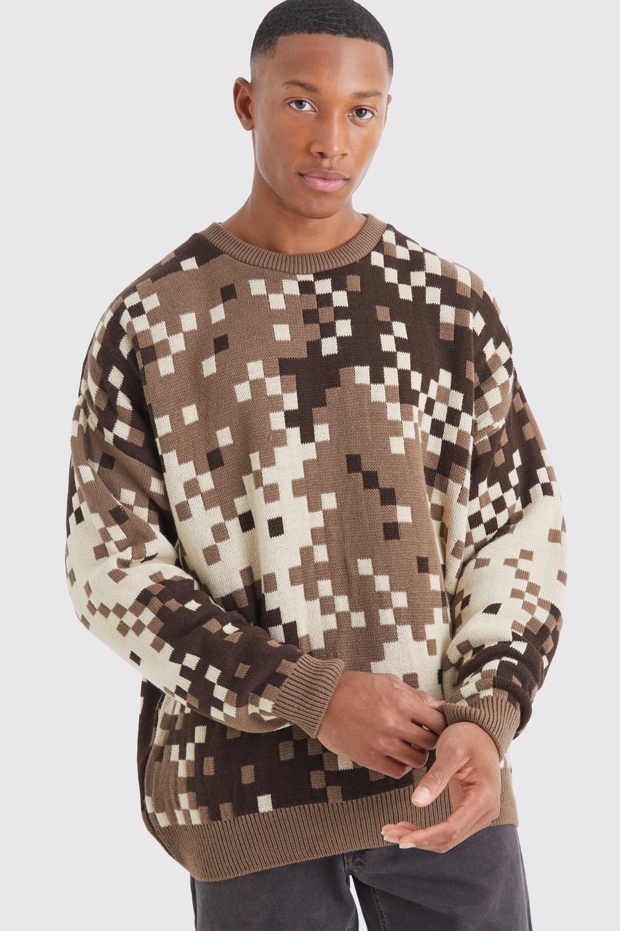 Mens Brown Oversized Pixelated Camo Knitted Jumper, Brown