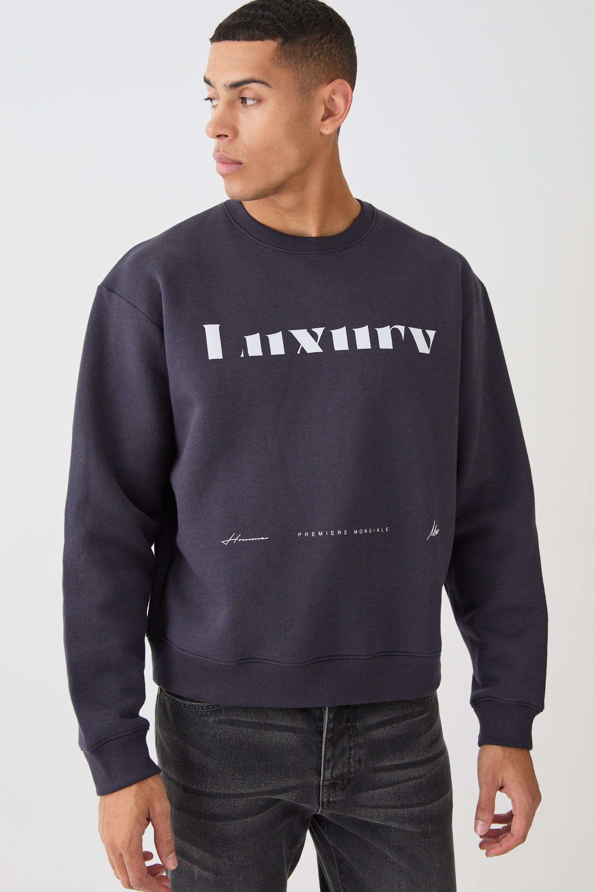 Mens Black Oversized Boxy Luxury Print Sweatshirt, Black