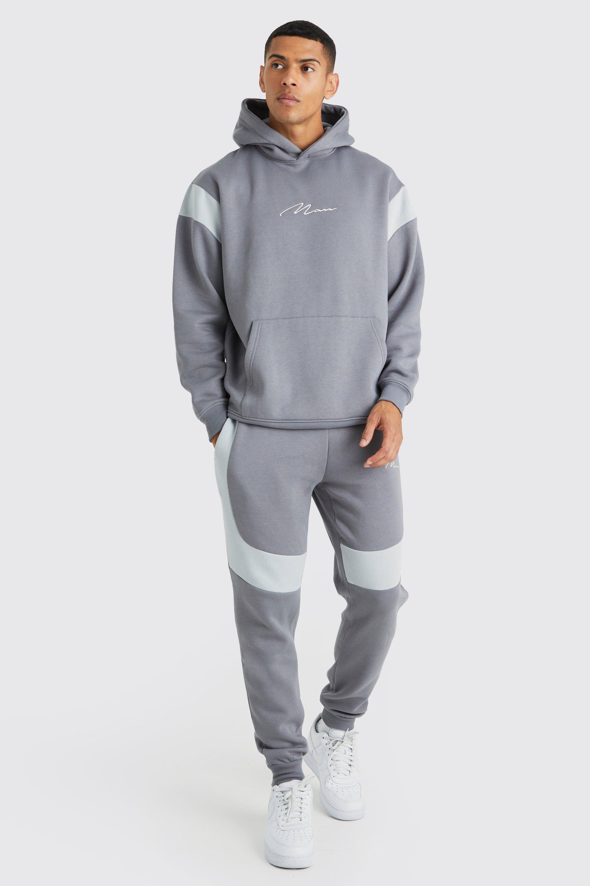 Mens Grey Oversized Man Colour Block Hooded Tracksuit, Grey