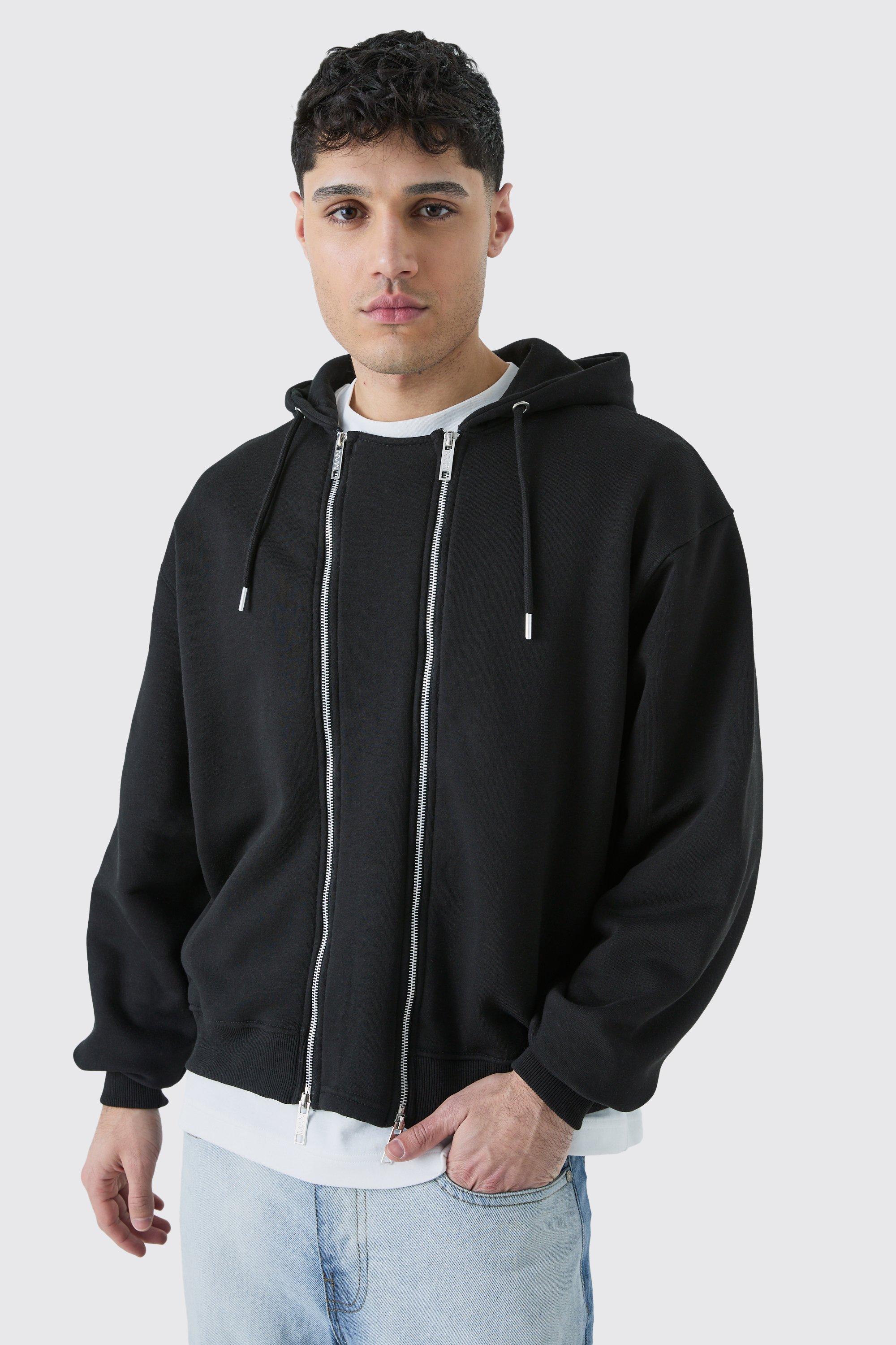 mens black oversized boxy double zip through hoodie, black