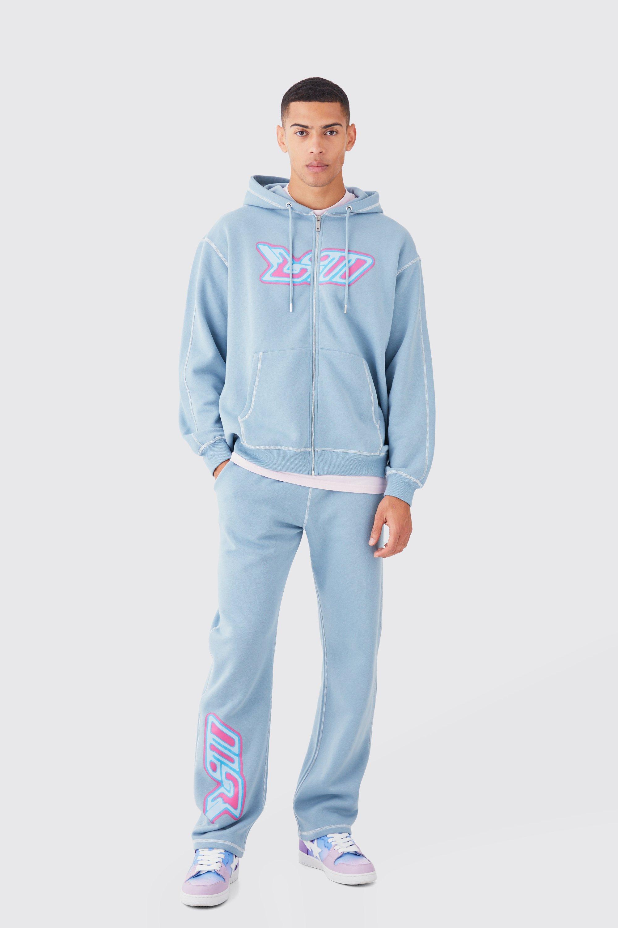 Mens Blue Oversized Contrast Stitch Heat Graphic Tracksuit, Blue