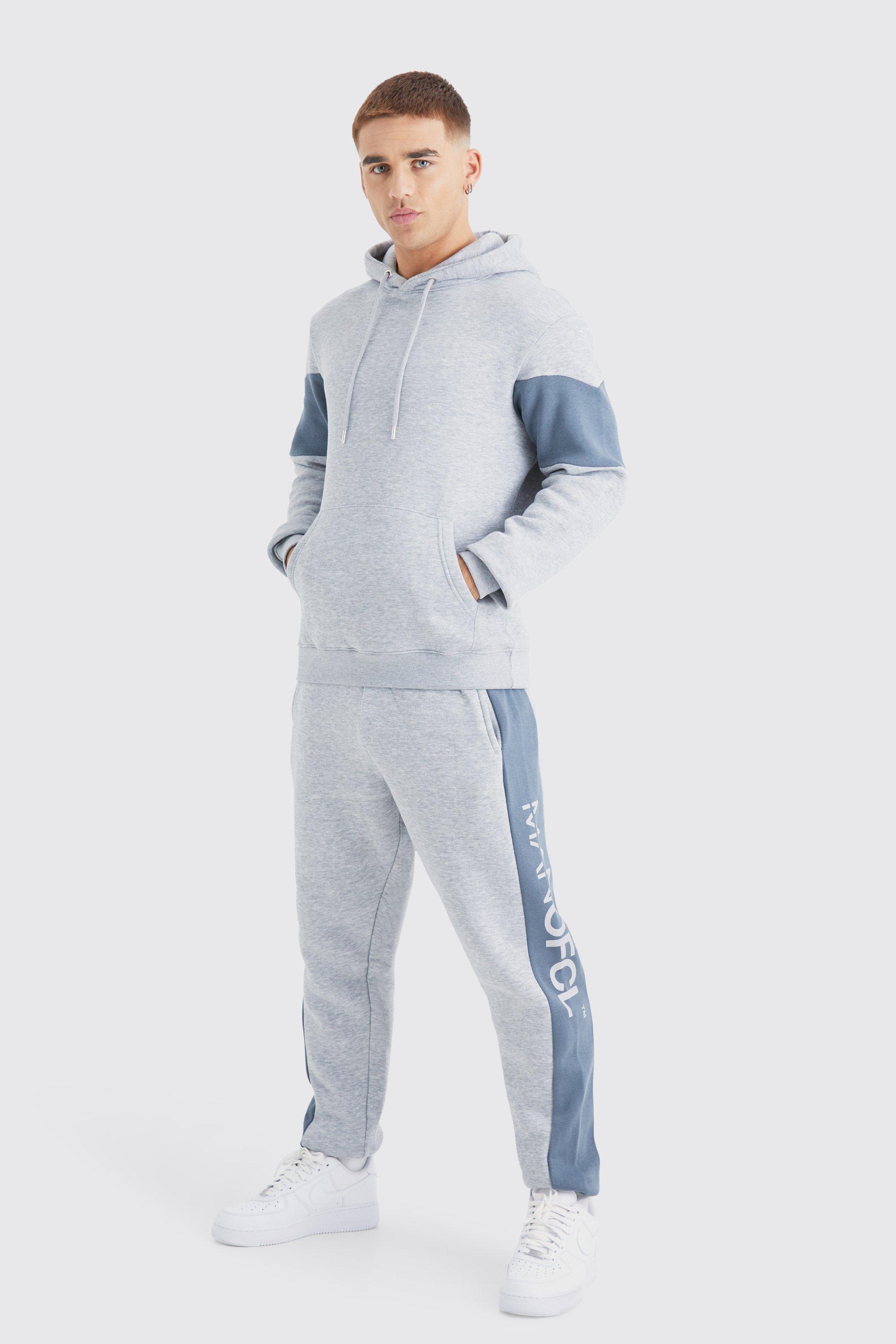 Mens Grey Man Ofcl Slim Colour Block Hooded Tracksuit, Grey