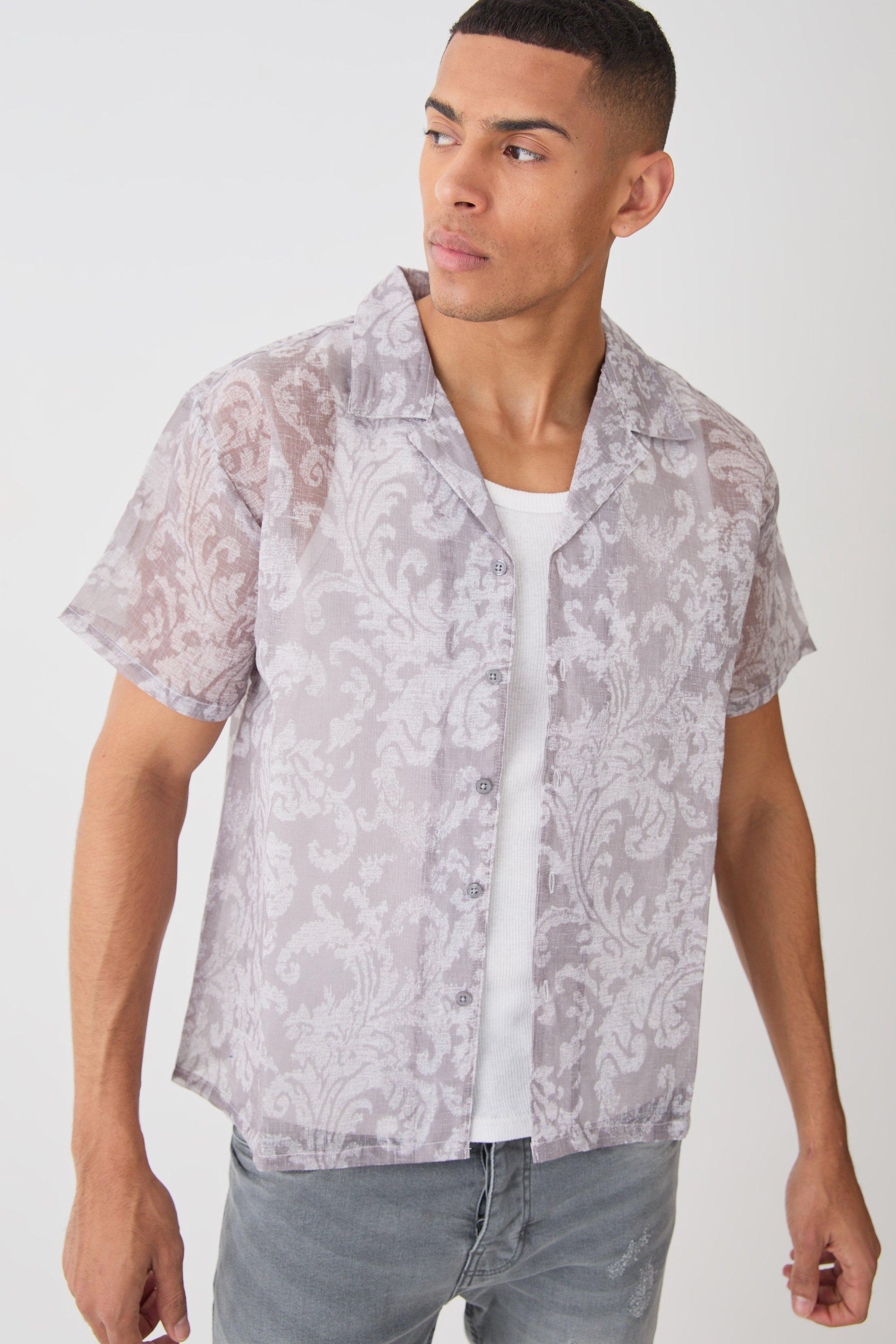 Image of Camicia semi-trasparente squadrata a maniche corte in fantasia barocca, Grigio