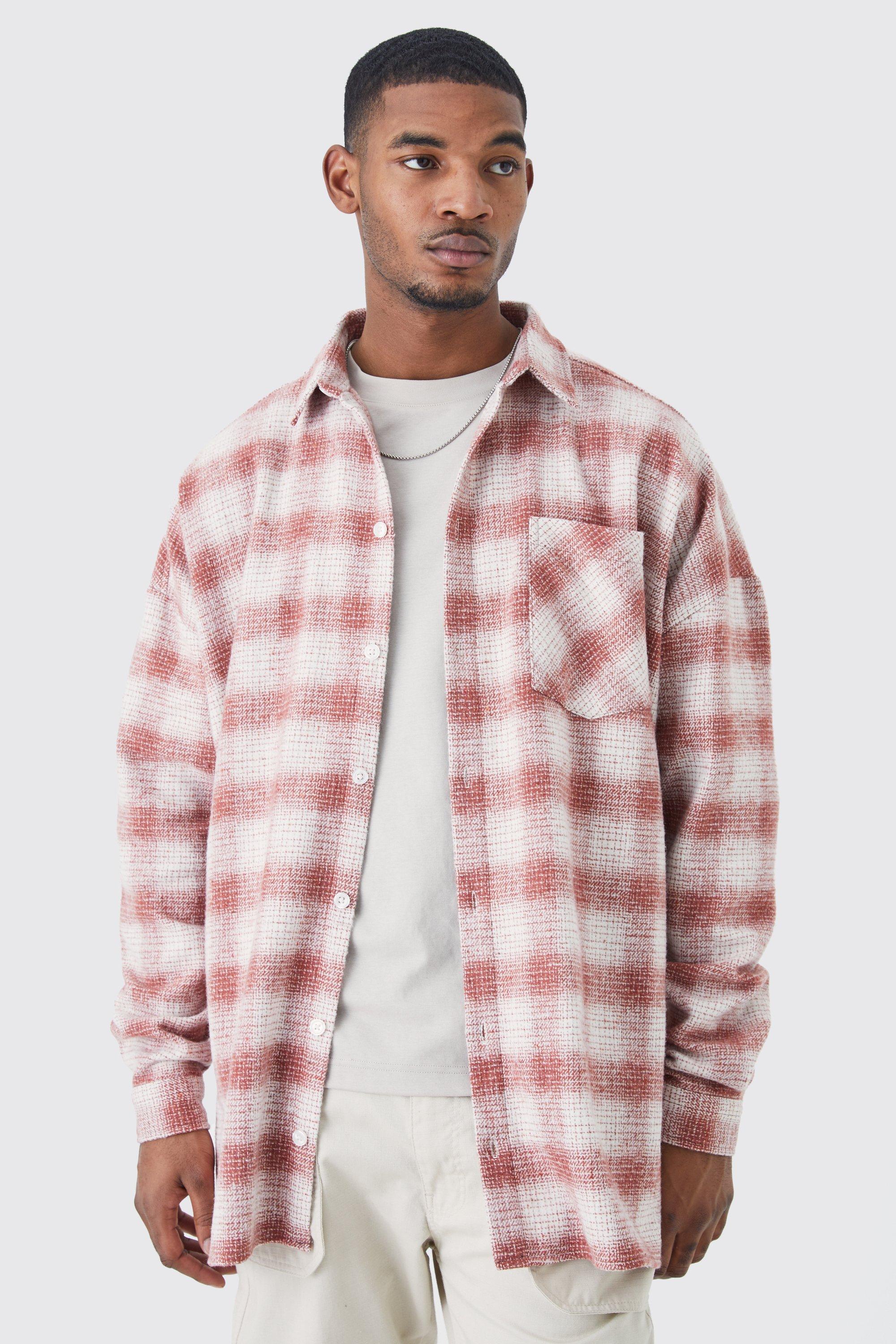 Mens Red Tall Long Sleeve Check Oversized Overshirt, Red
