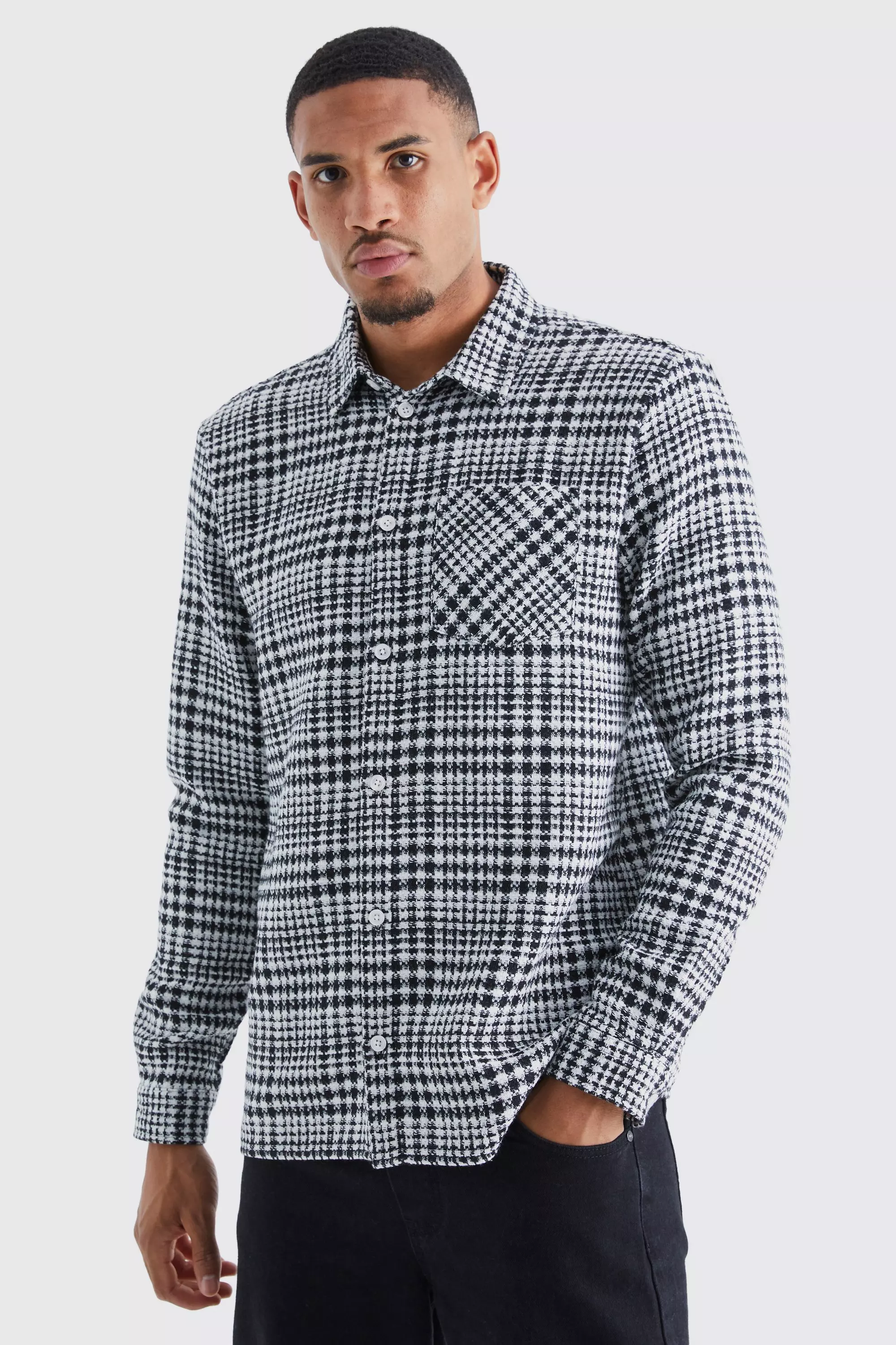 Tall Long Sleeve Textured Check Overshirt | boohooMAN USA