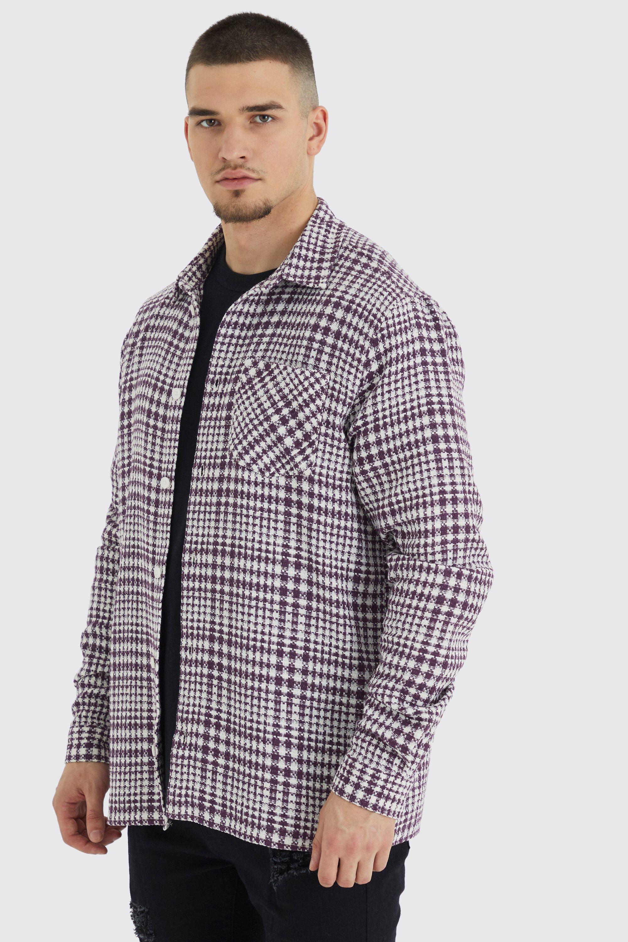 Mens Tall Long Sleeve Textured Check Overshirt, Red