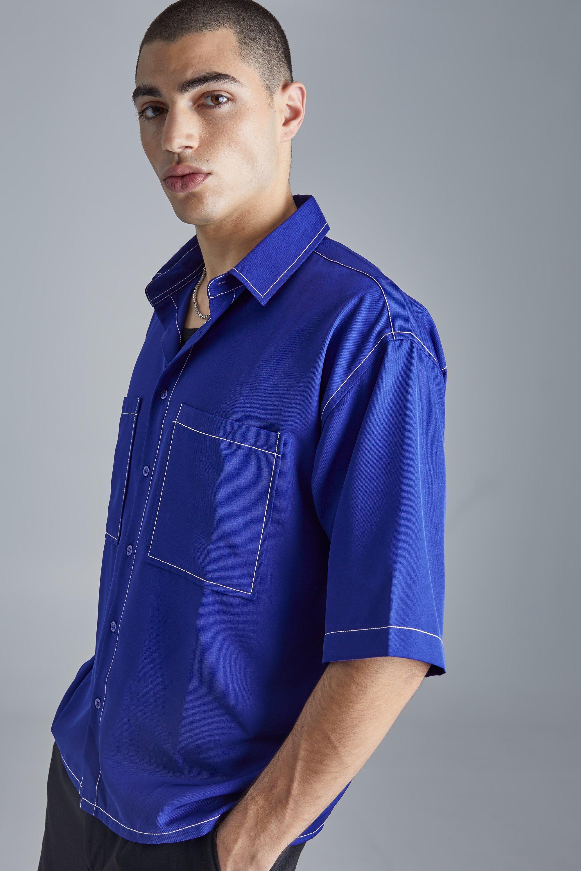 Image of Camicia squadrata in twill morbido con spalle scese, Azzurro
