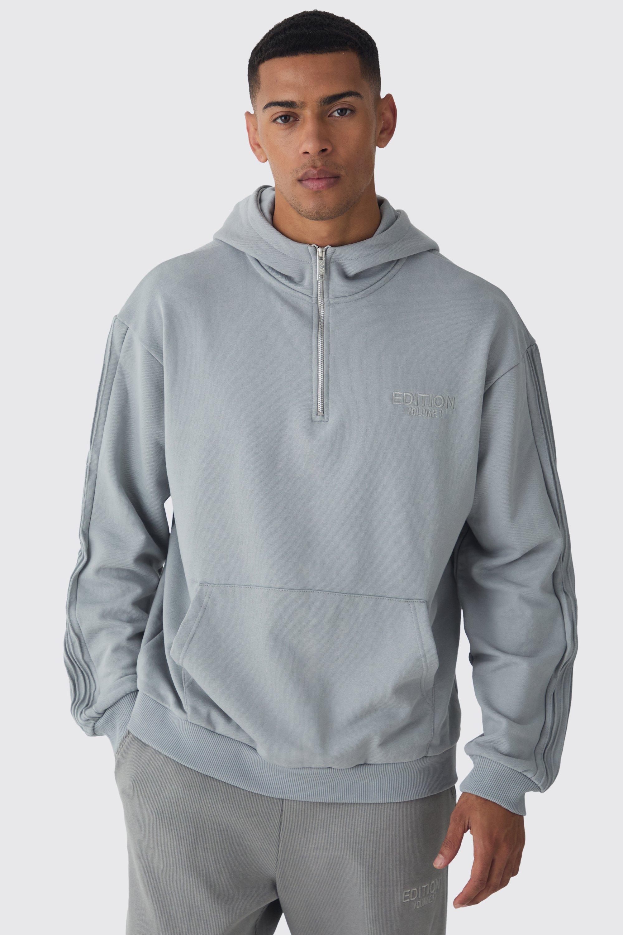 Mens Grey EDITION Oversized Heavyweight 1/4 Zip Pintuck Hoodie, Grey