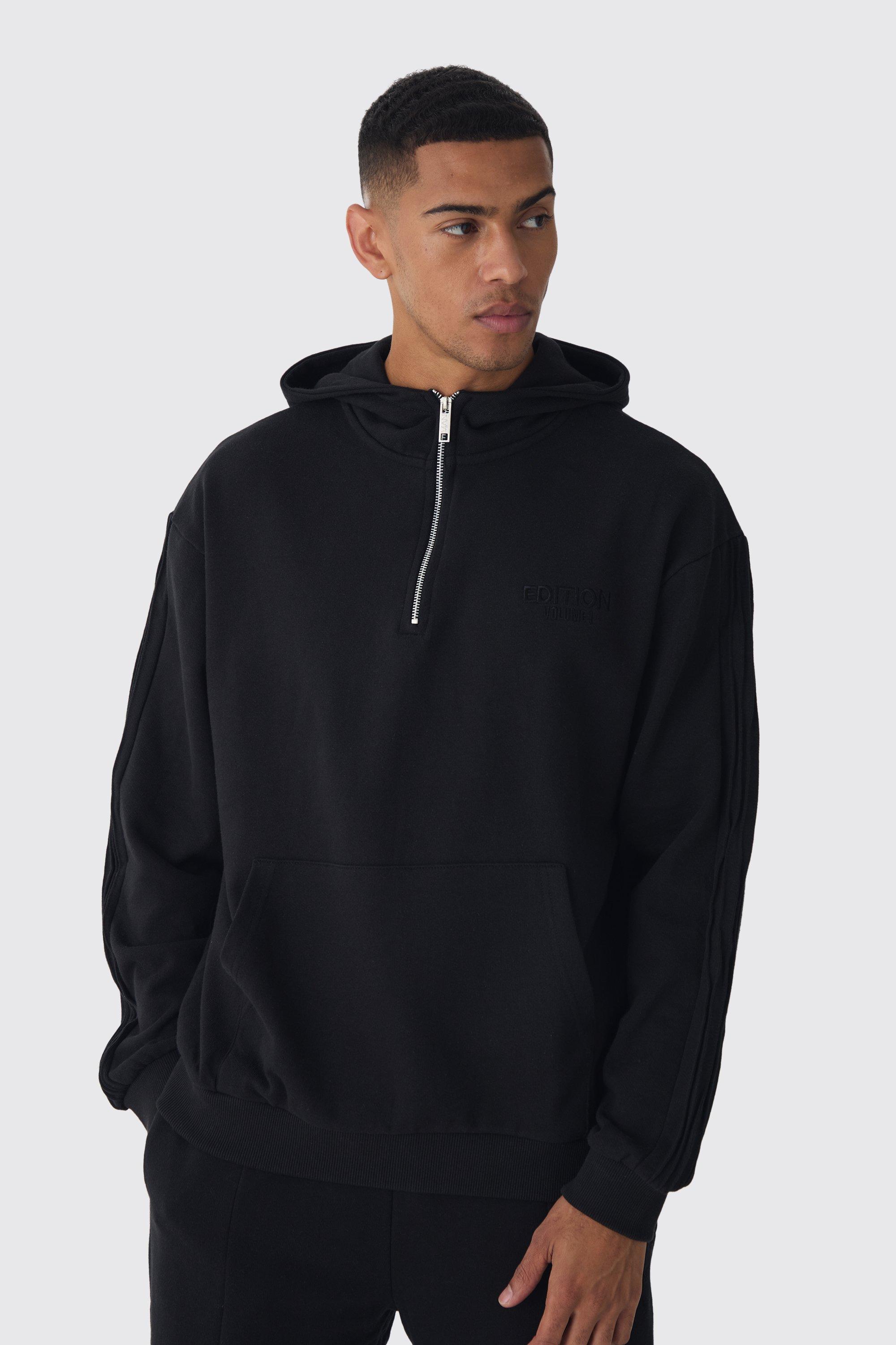 Mens Black EDITION Oversized Heavyweight 1/4 Zip Pintuck Hoodie, Black