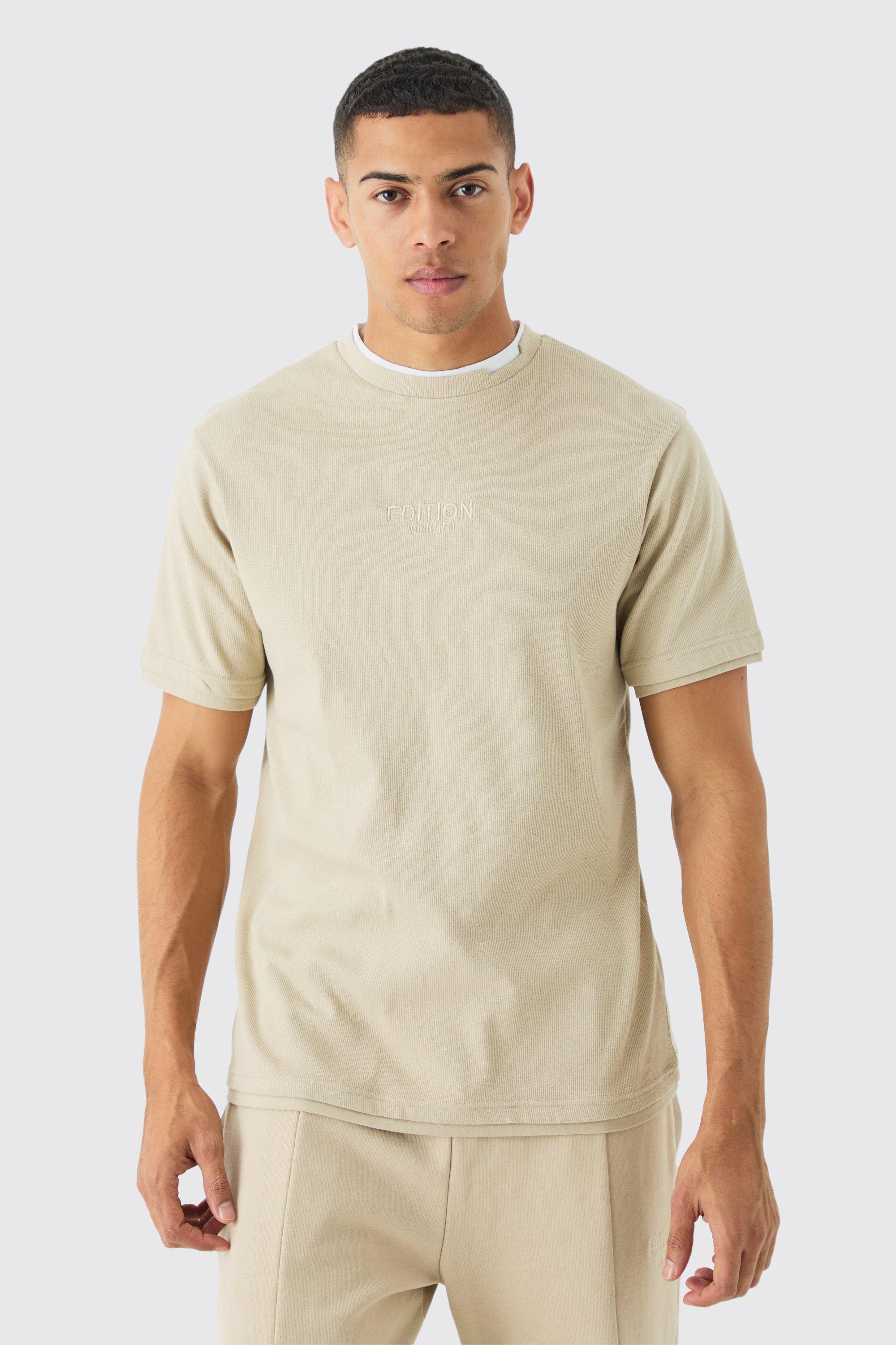 Image of T-shirt pesante a coste EDITION con finto doppio livello, Beige
