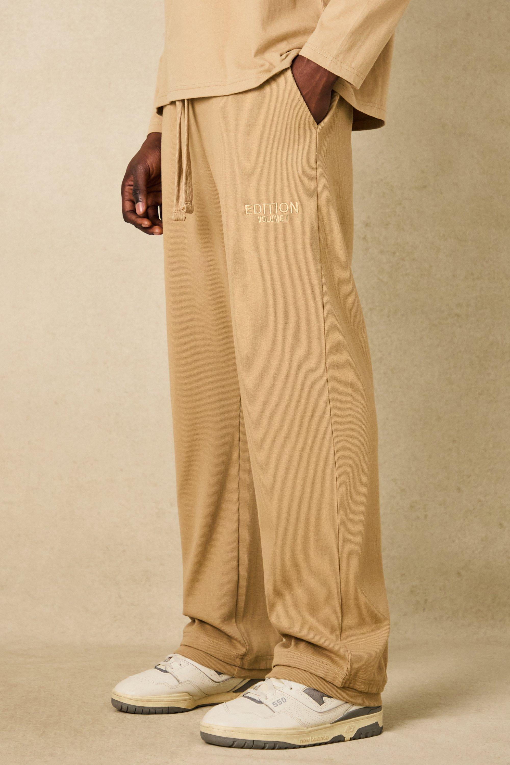 Image of Pantaloni tuta EDITION pesanti dritti a coste con spacco sul fondo, Beige
