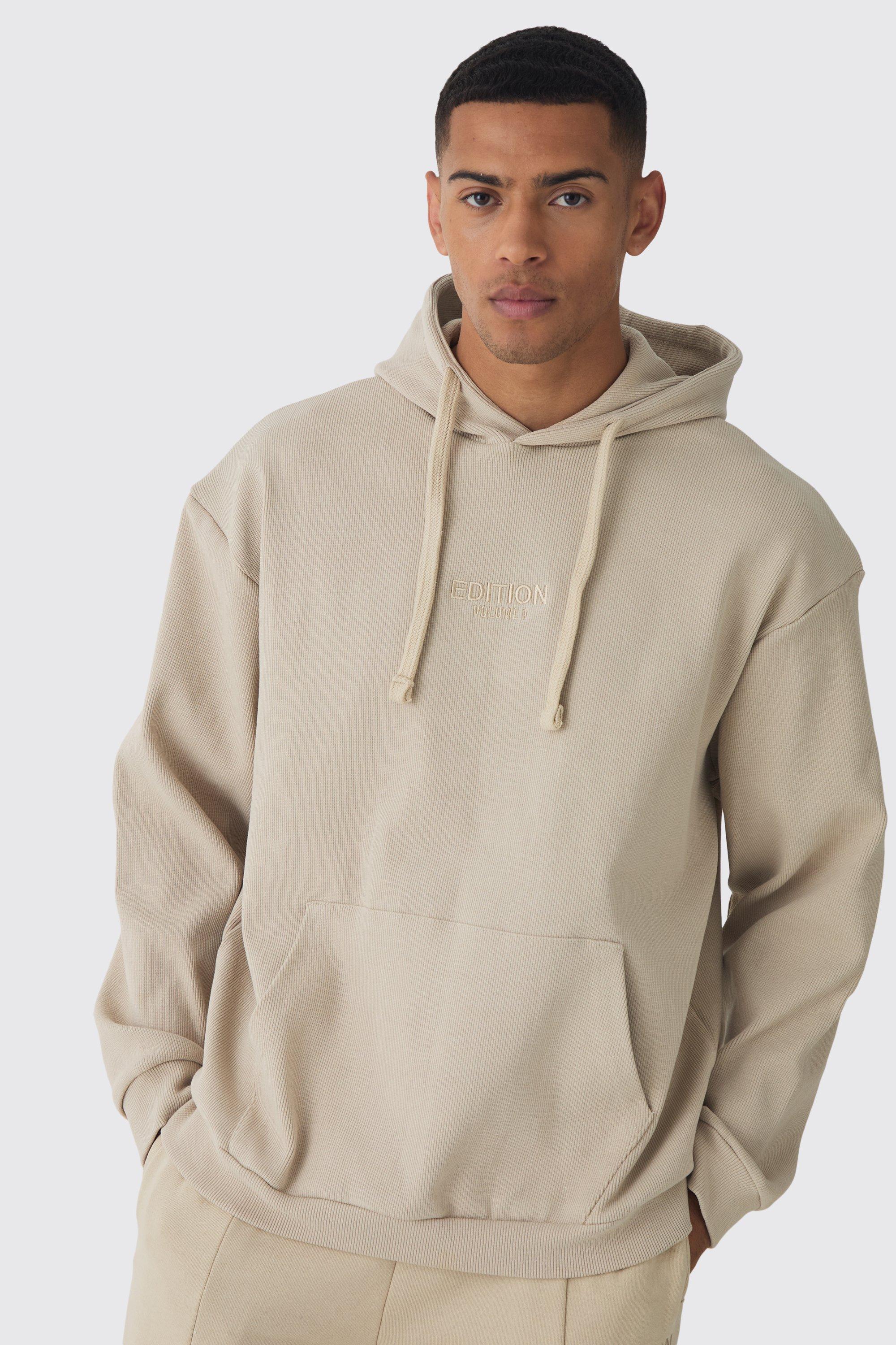 Mens Beige EDITION Oversized Heavyweight Ribbed Hoodie, Beige