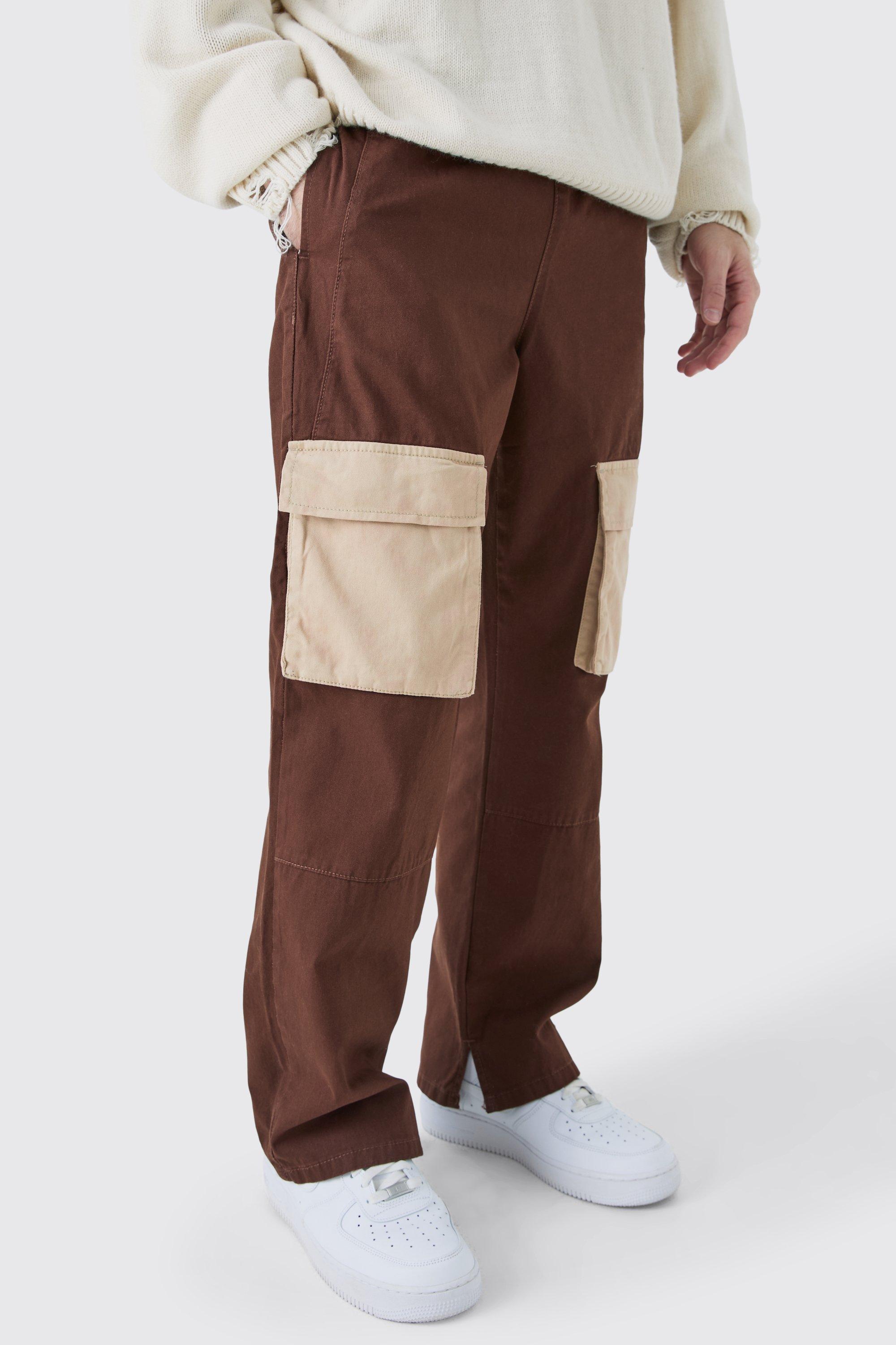 Mens Brown Elastic Waist Twill Contrast Pocket Trouser, Brown