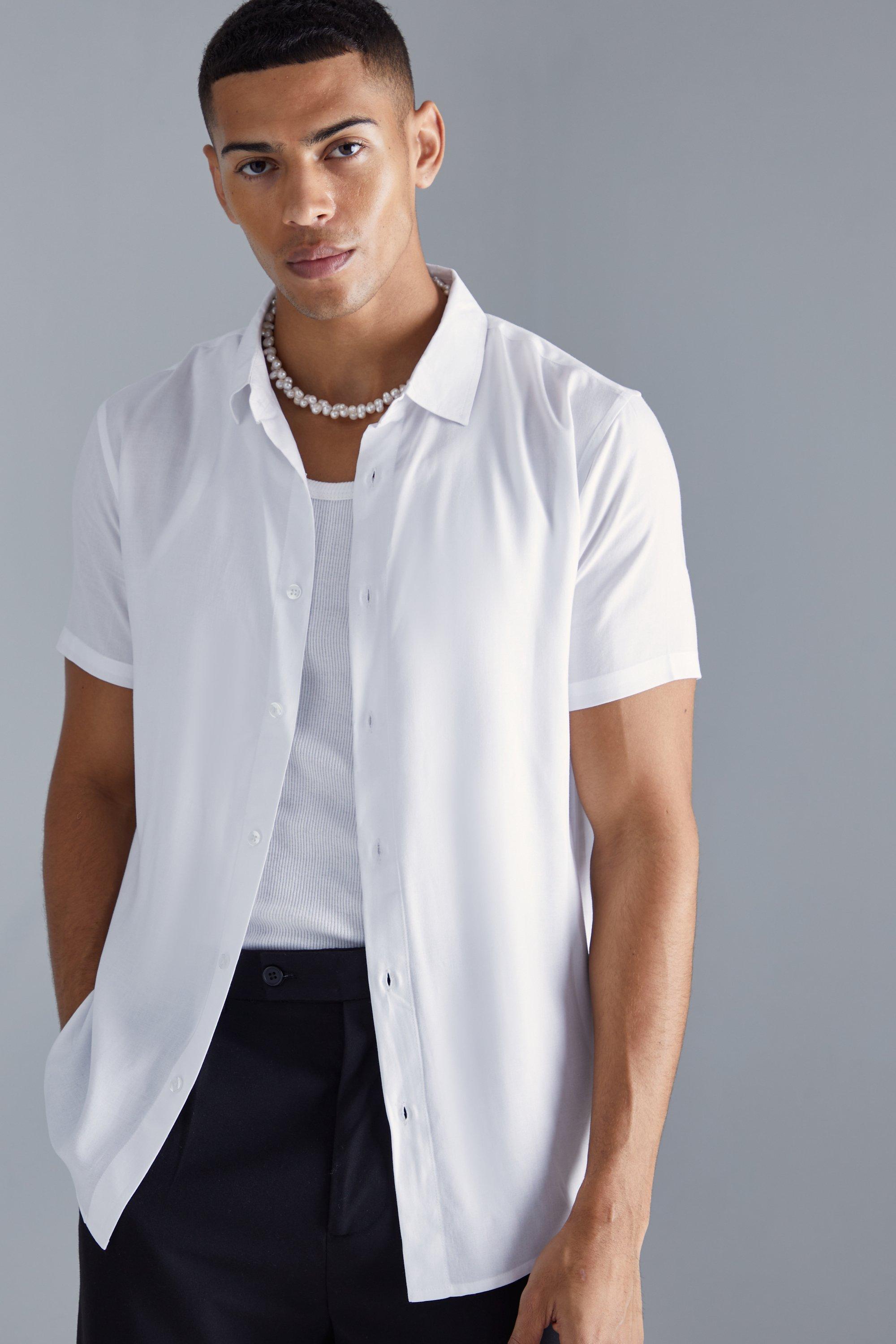 Mens White Plain Viscose Short Sleeve Shirt, White
