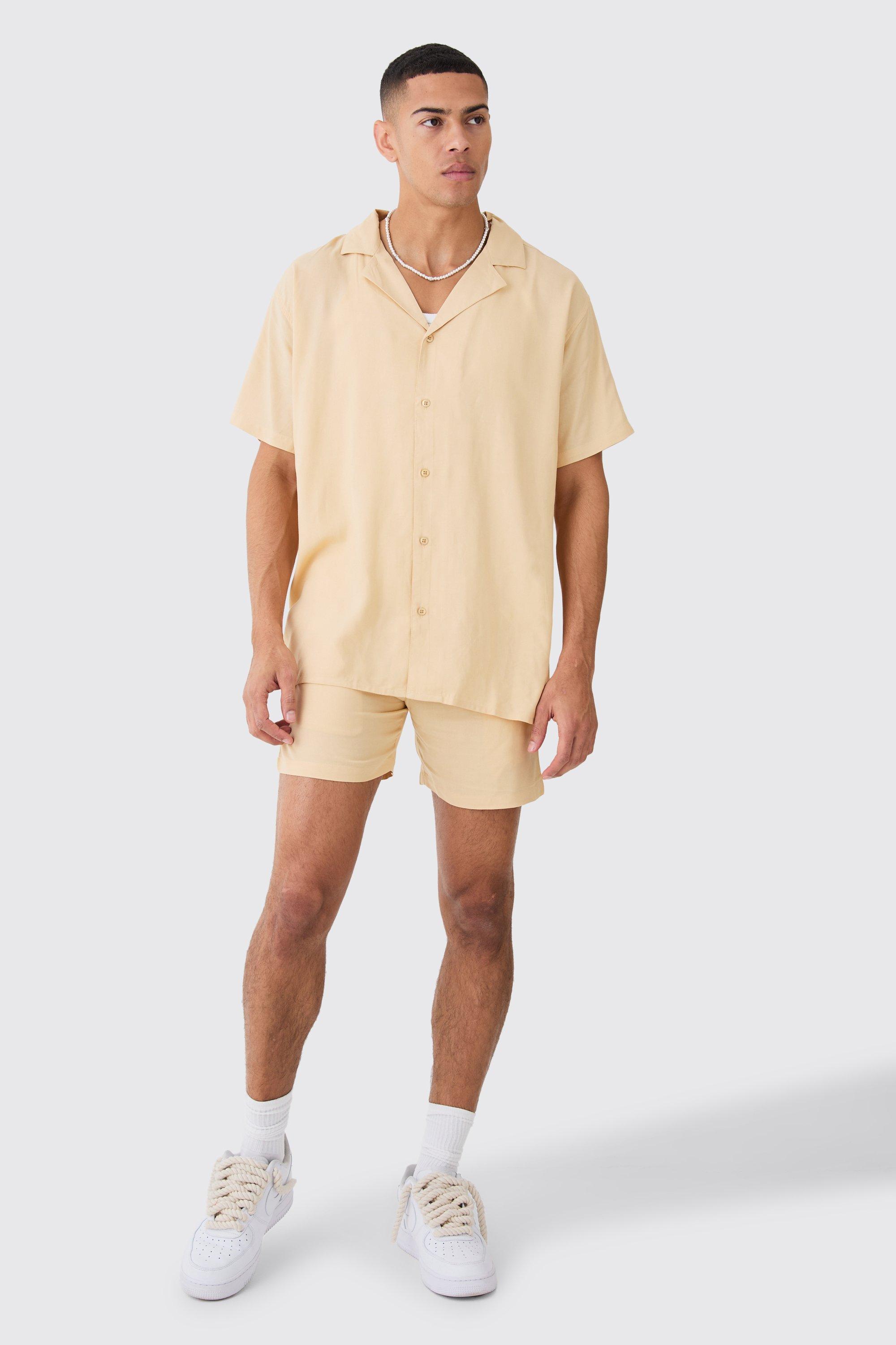 Mens Beige Plain Viscose Oversized Shirt And Short, Beige
