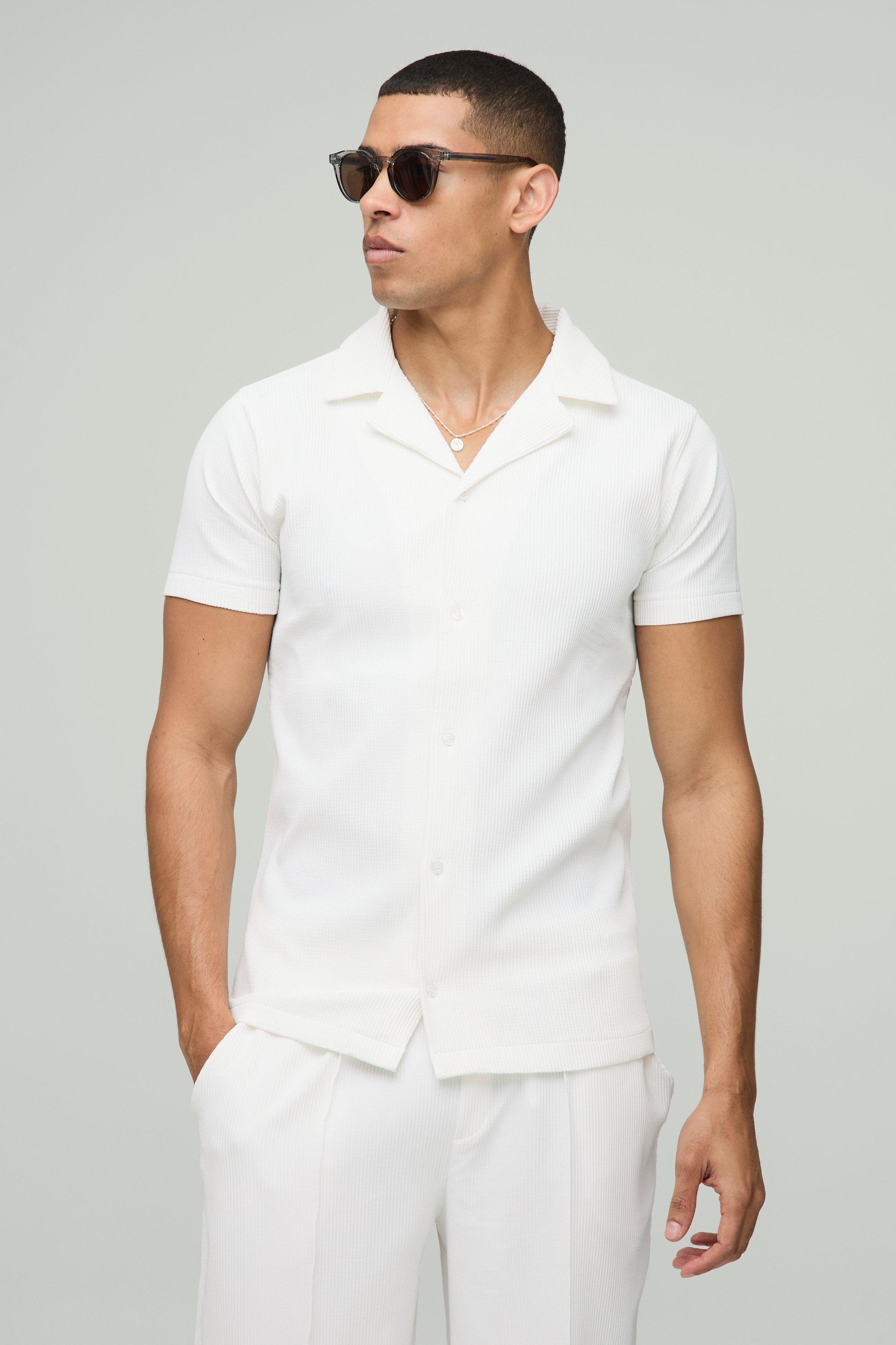 Camicia attillata con pieghe e rever, Bianco