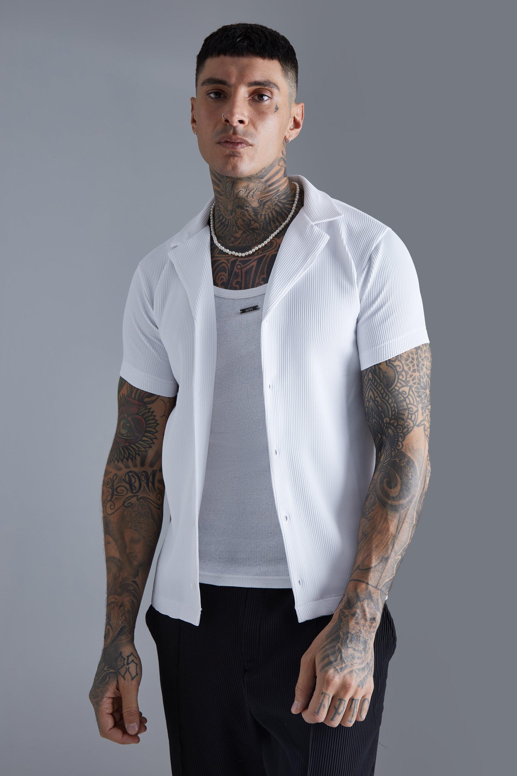 Mens White Pleated Muscle Fit Revere Shirt, White