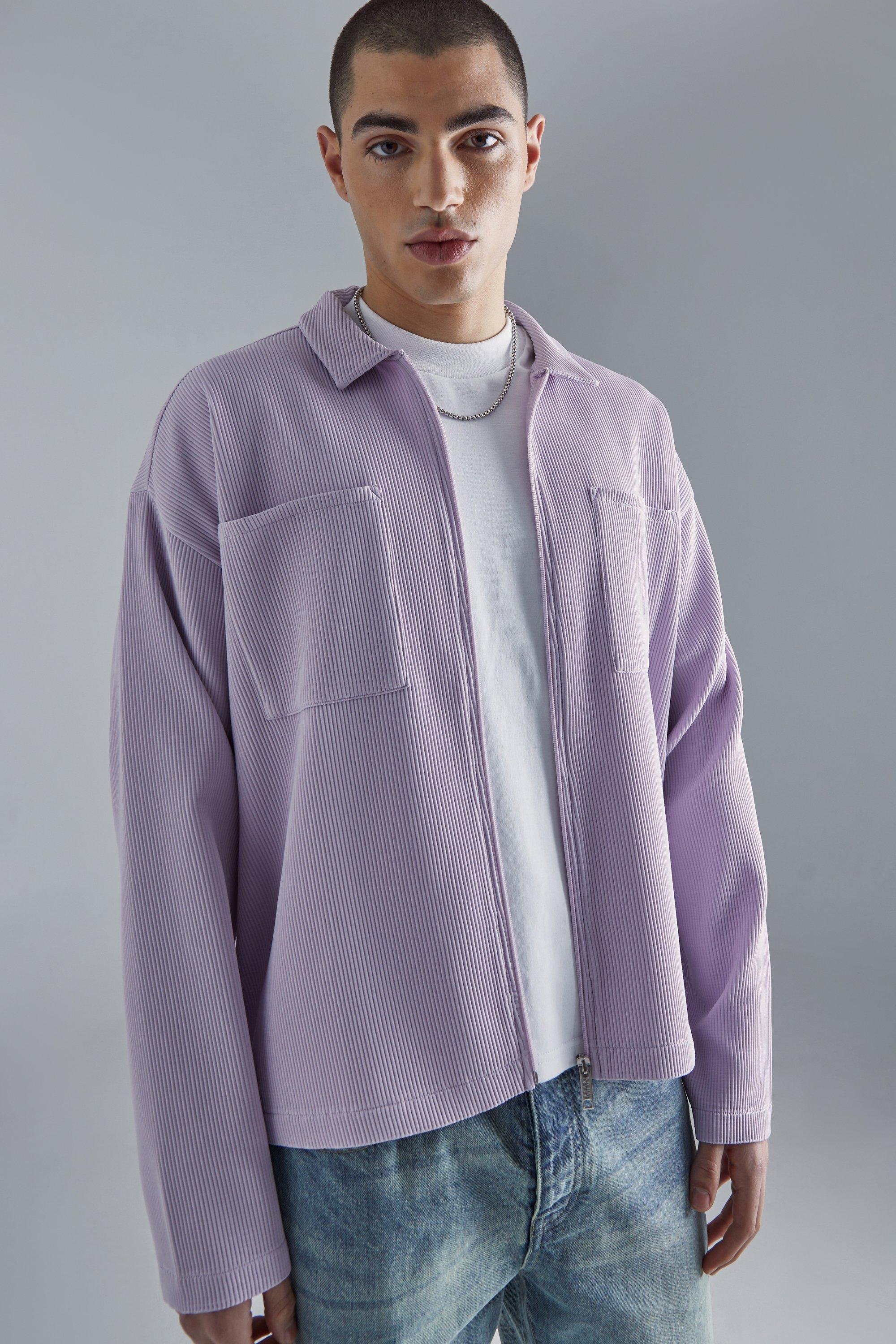 Mens Purple Pleated Boxy Zip Through Collared Shirt, Purple