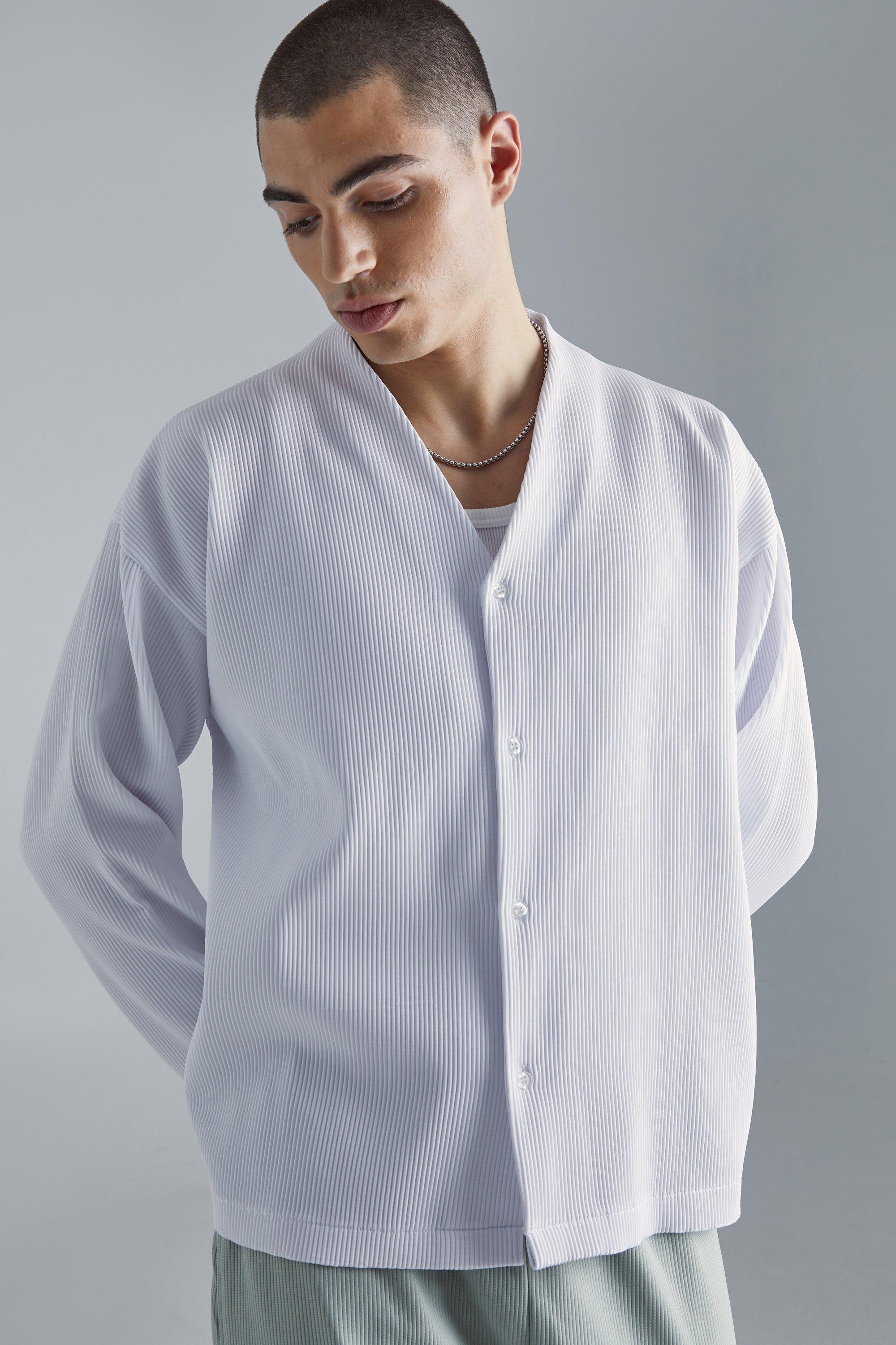 Image of Camicia squadrata a maniche lunghe con pieghe, Bianco