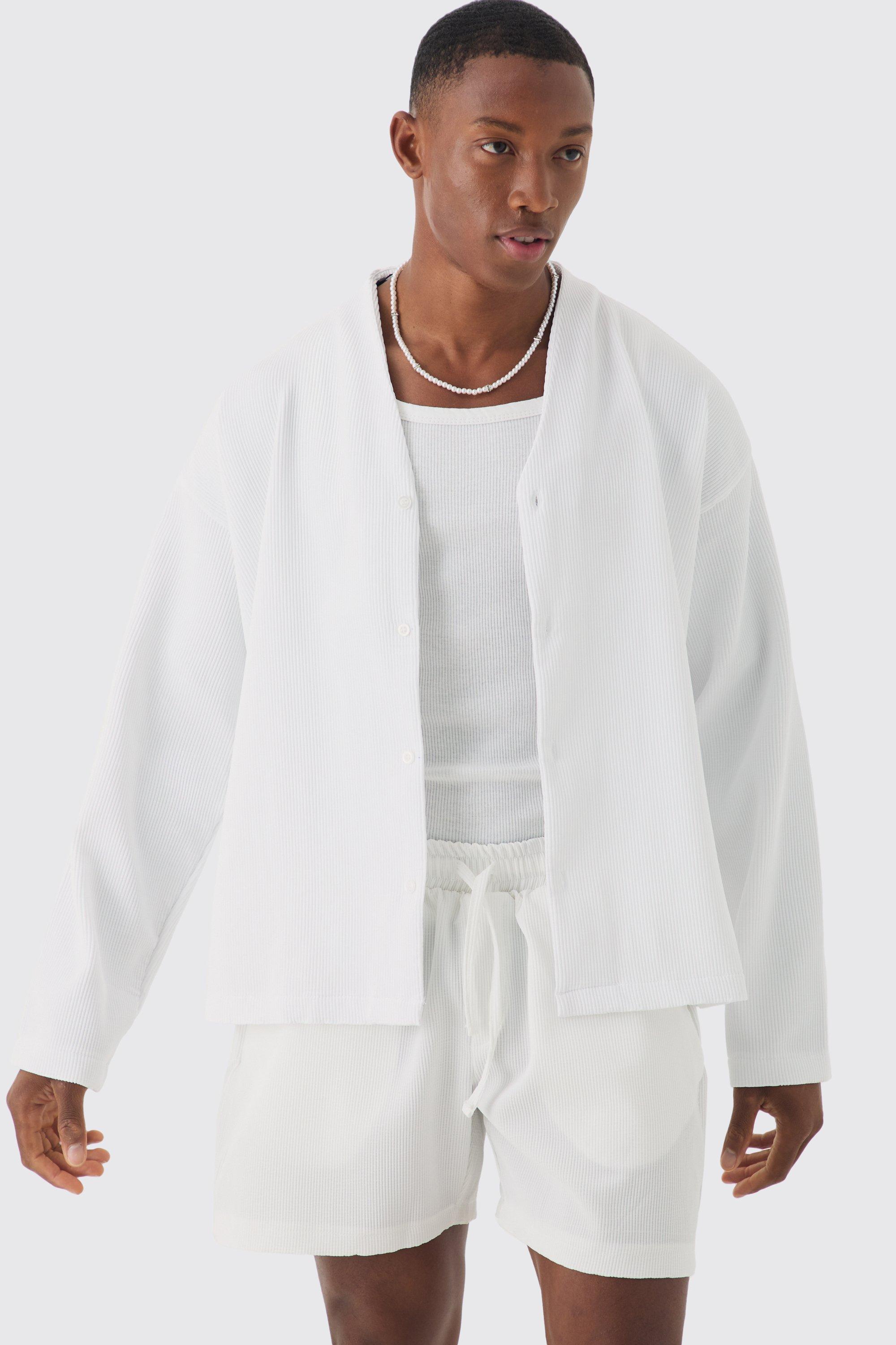 Mens White Pleated Boxy Long Sleeve Shirt, White