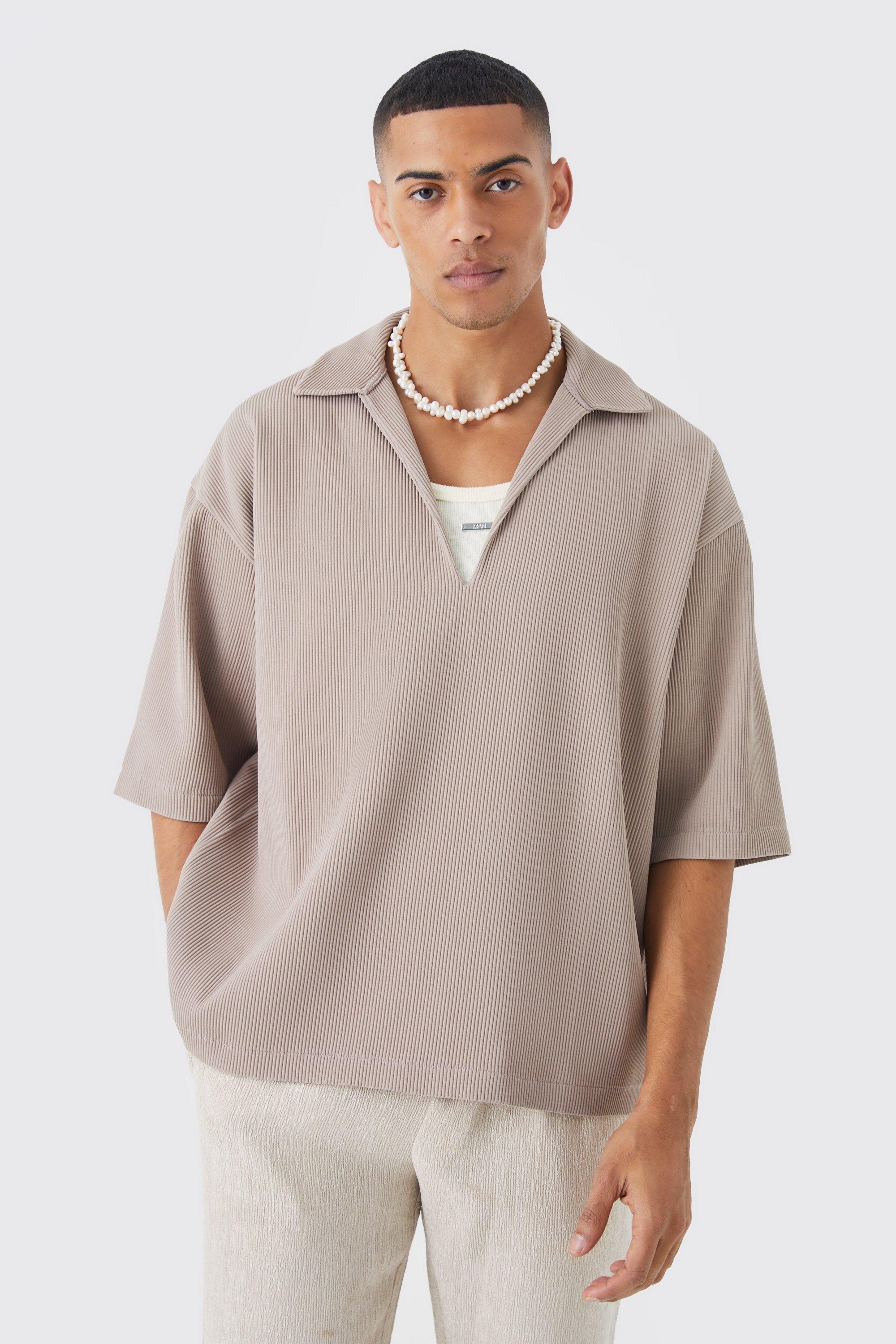 Camicia squadrata oversize a pieghe con scollo a V, Beige