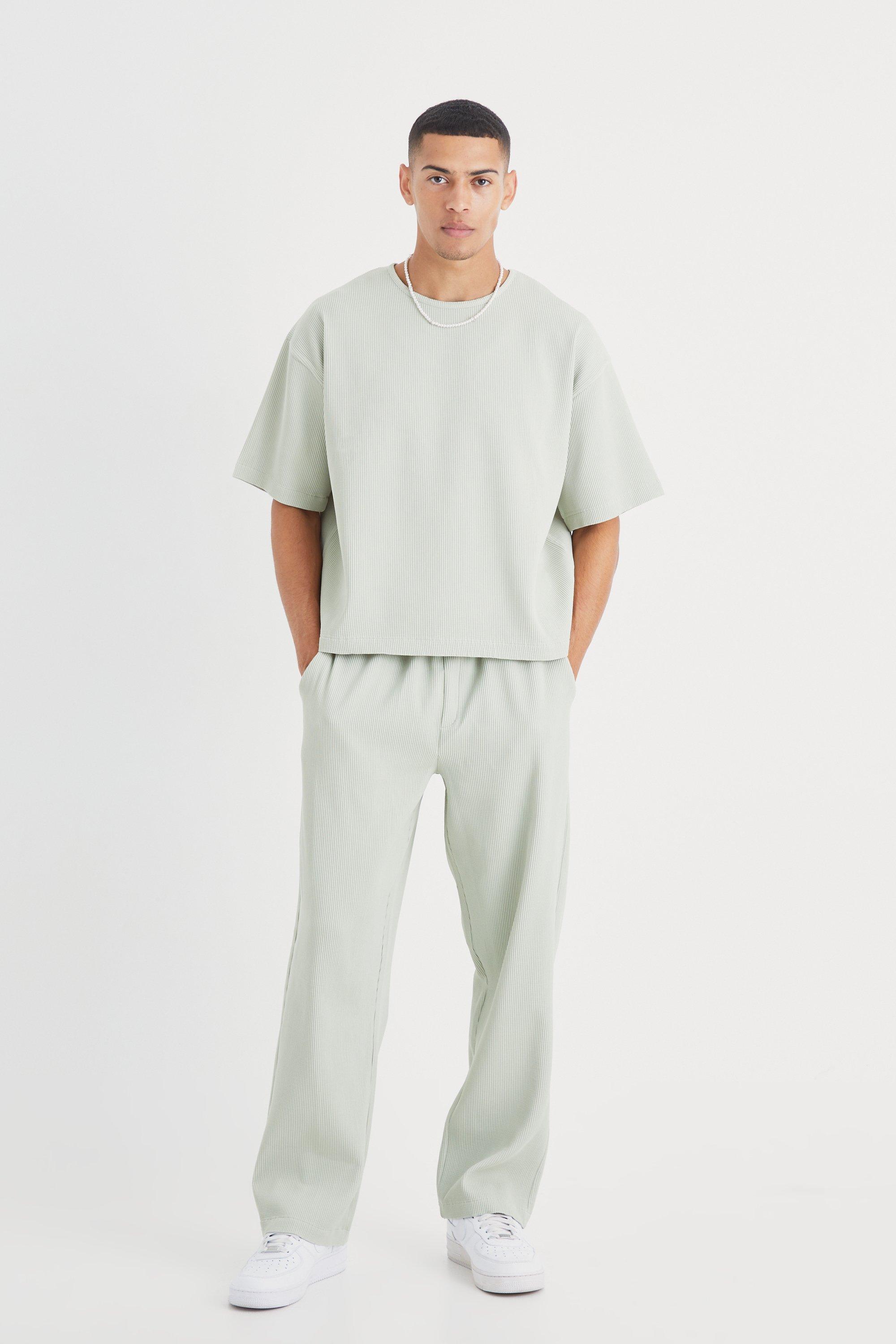 Mens Green Pleated Oversized Boxy T-shirt & Trouser, Green