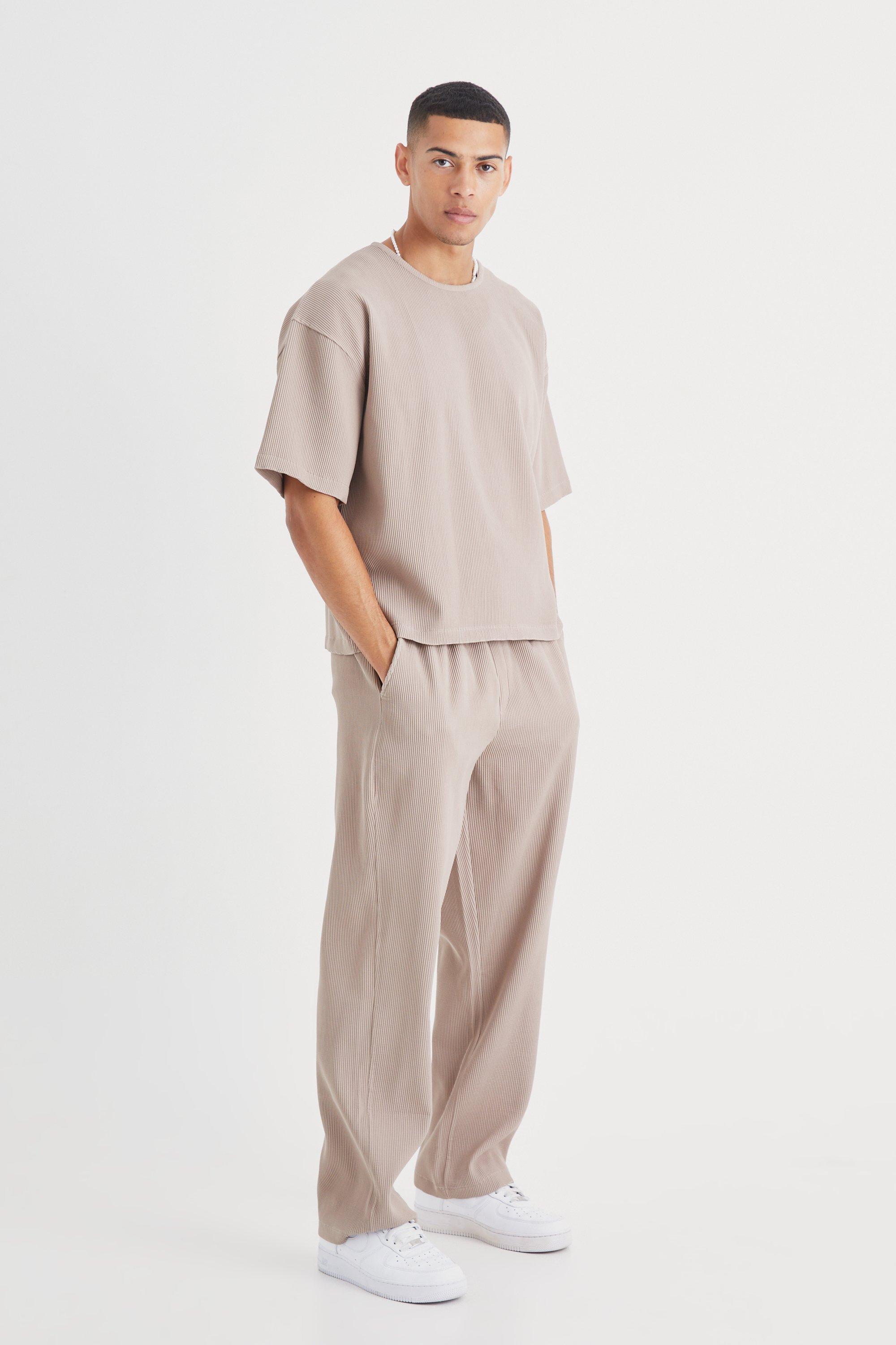 Mens Beige Pleated Oversized Boxy T-shirt & Trouser, Beige